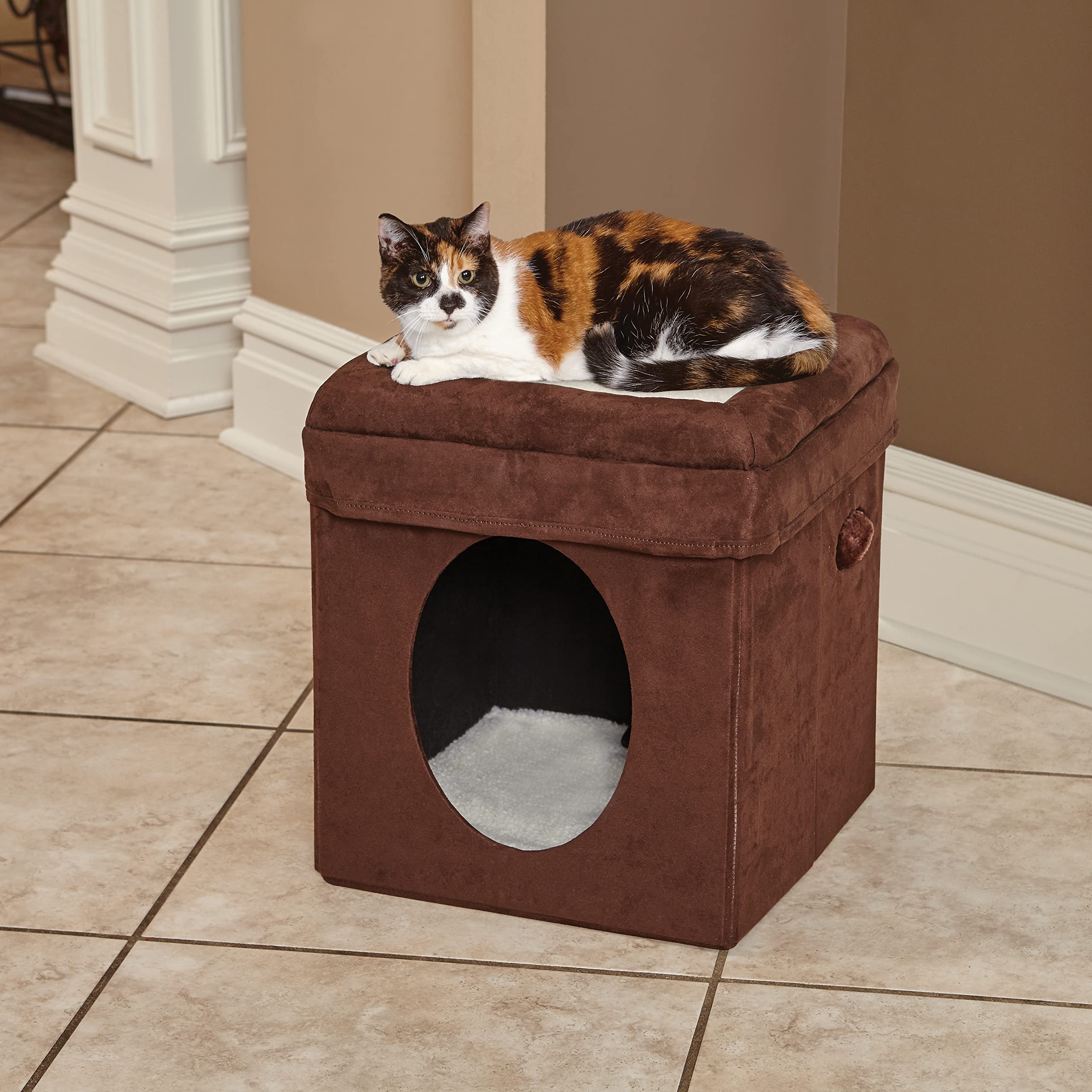 MidWest Homes for Pets Cat Condo - Brown Faux Suede, 15.1"L x 15.1"W x 16.5"H, Model 137-BR, Soft Synthetic Sheeps