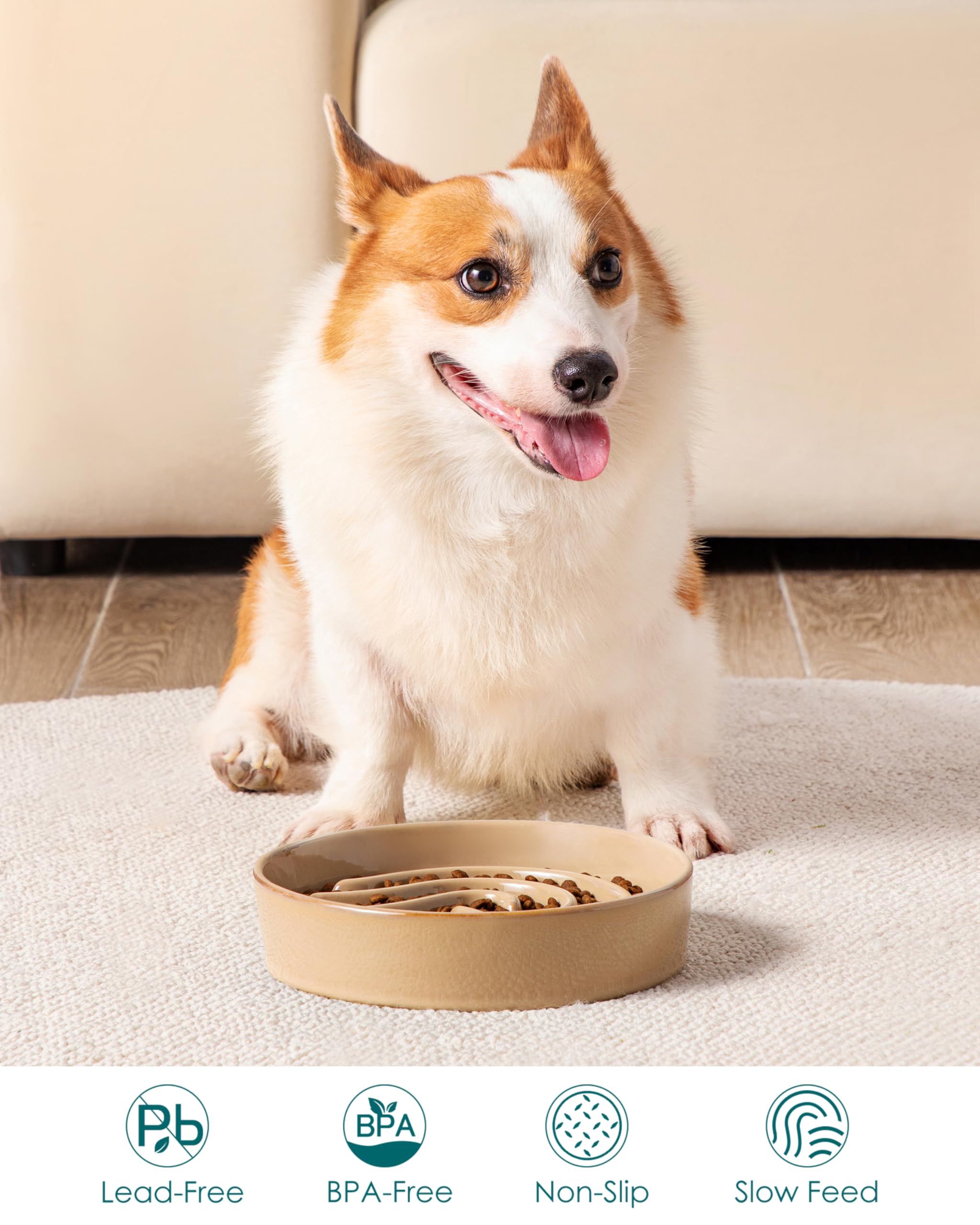 vancasso Ceramic Slow Feeder Dog Bowl, 1.5 Cups, Brown, Puzzle Design for Small/Medium Breeds, Model VC-MSGW-TW-GN-02