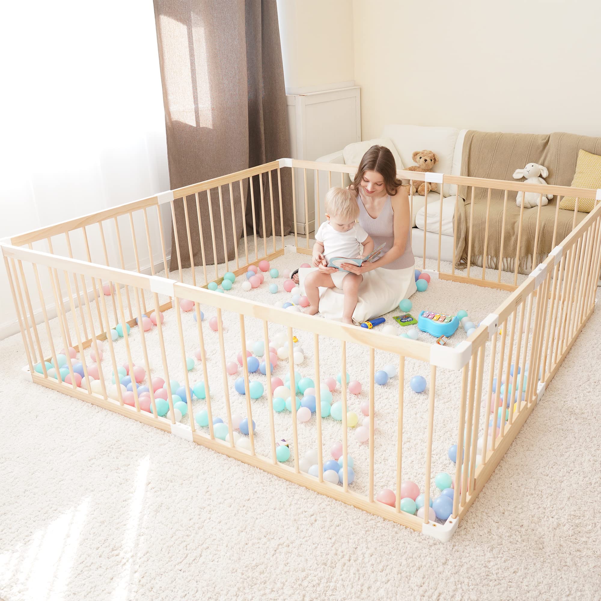 GGF Wooden Baby Playpen -63 * 47 * 24 in, Large Wood Gate Playpen for Babies and Toddlers, Baby Fence Play Yard with Door for Ki