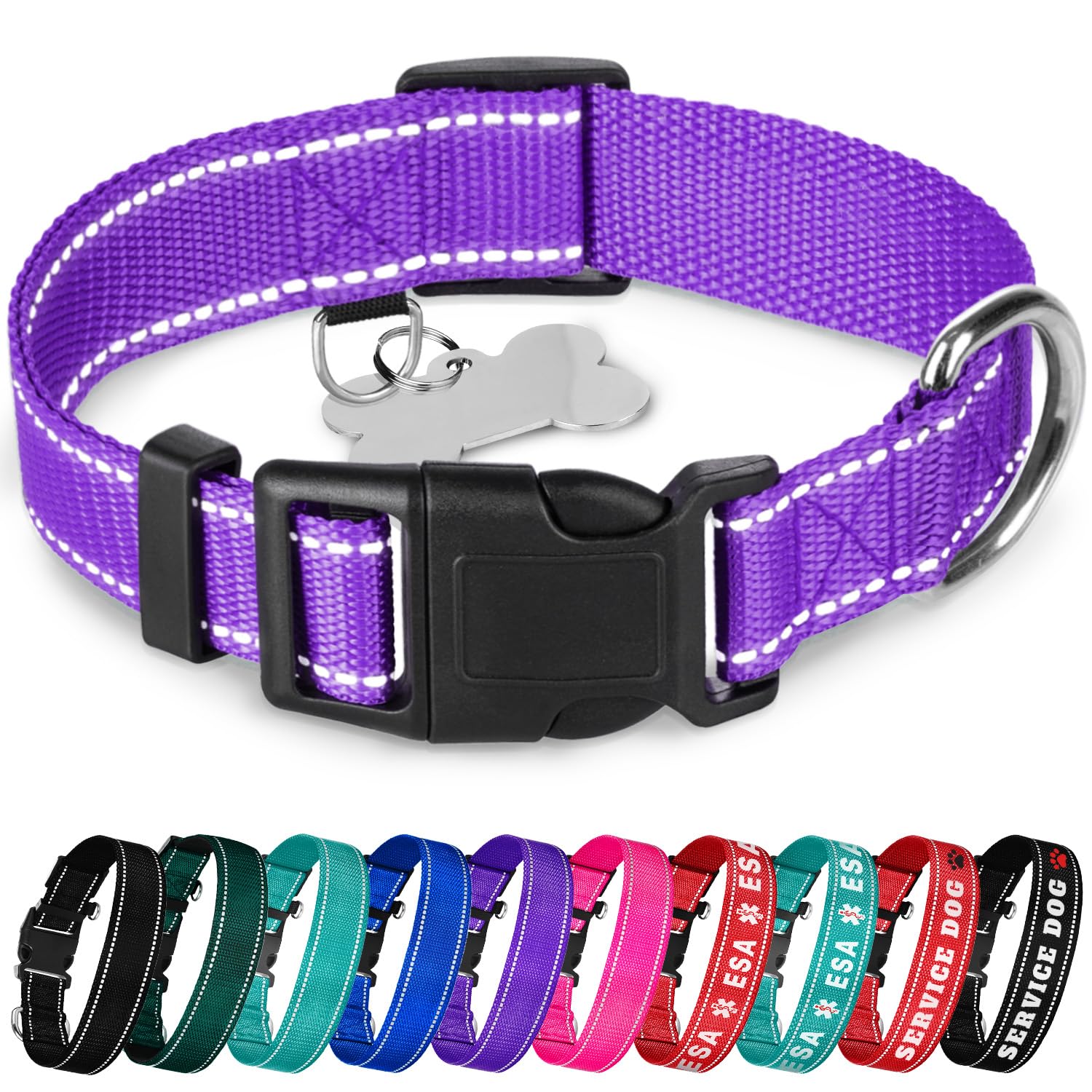 Teceum Reflective Dog Collar - Purple - Xxs - Basic Nylon Pet Collar - Quick Release Buckle - Fits Small, Medium And Large Dogs,