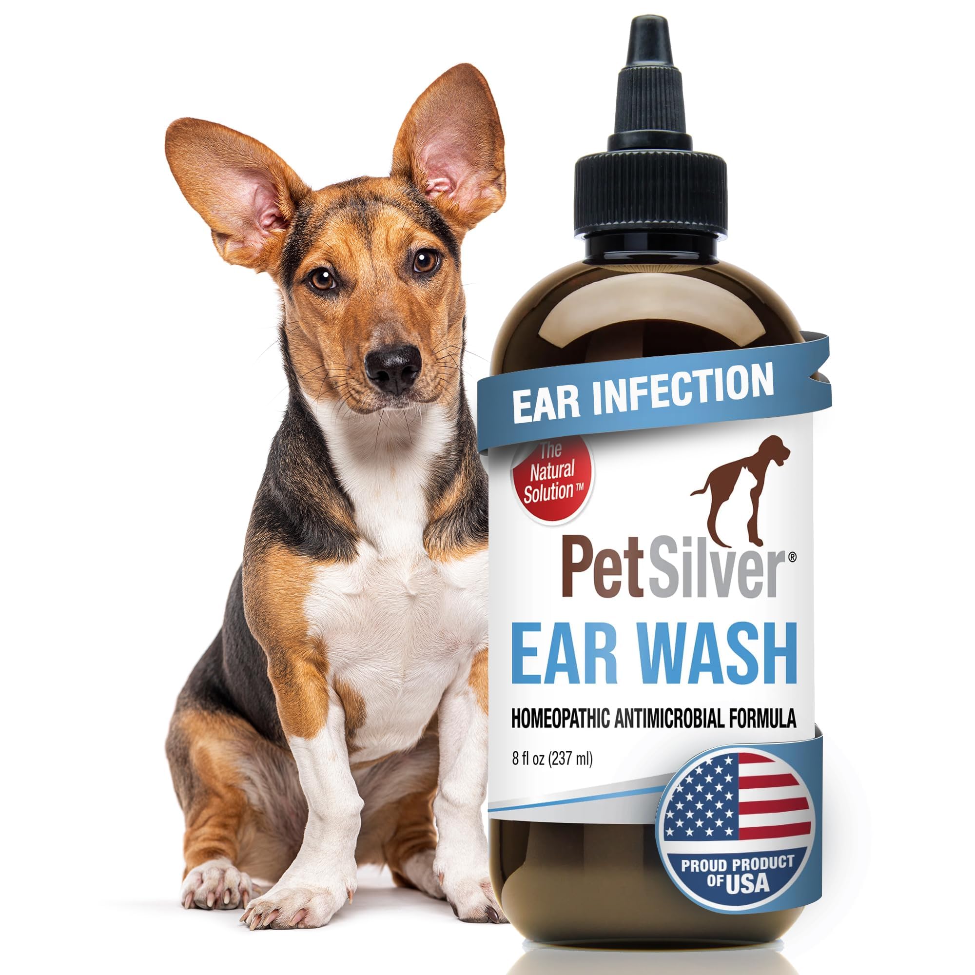 PetSilver Ear Cleaner for Dogs & Cats - Gentle Otic Rinse with Chelated Silver Formula - Supports Clear, Comfortable Ears - Easy