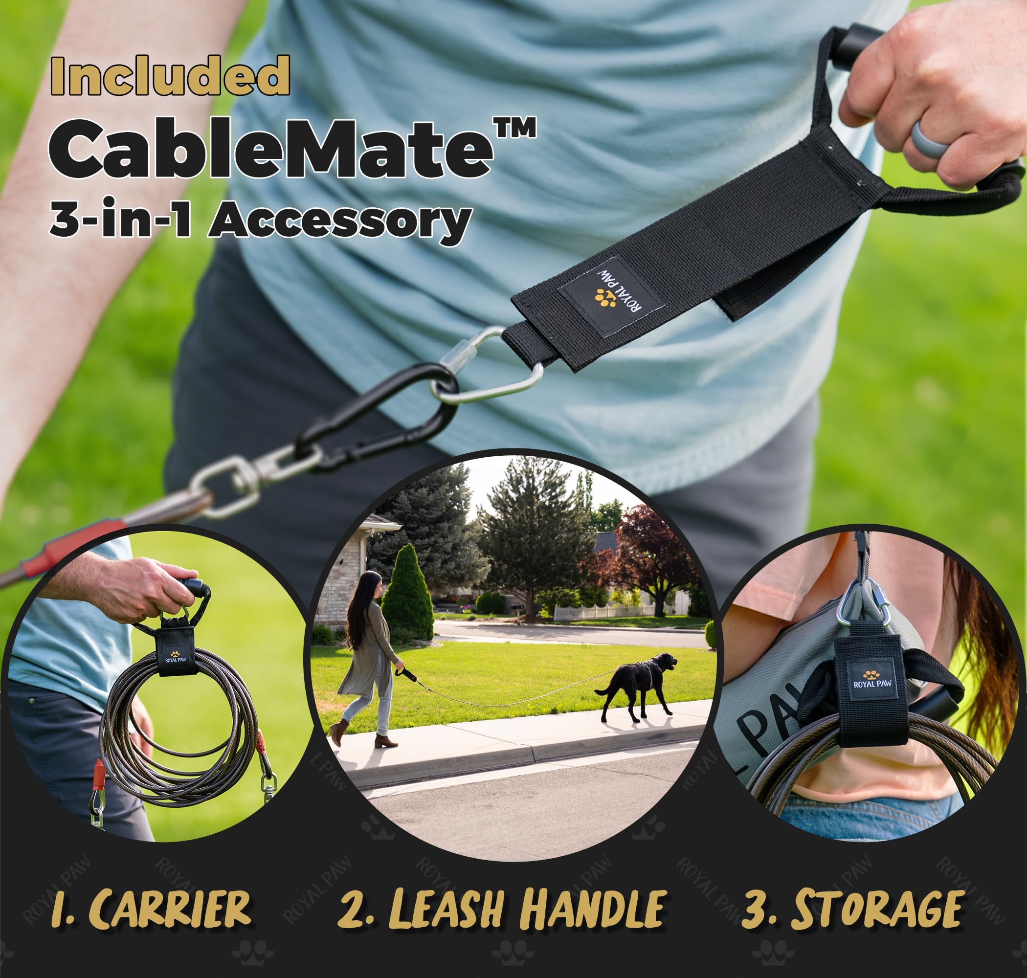 Royal Paw Dog Tie Out Cable - Tie Out Cable For Dogs (Up To 300 Lbs) - Use Dog Tie-Outs & Stakes For Outside - Best Heavy Duty Dog Leash For Large Dogs (30Ft - Black Onyx)