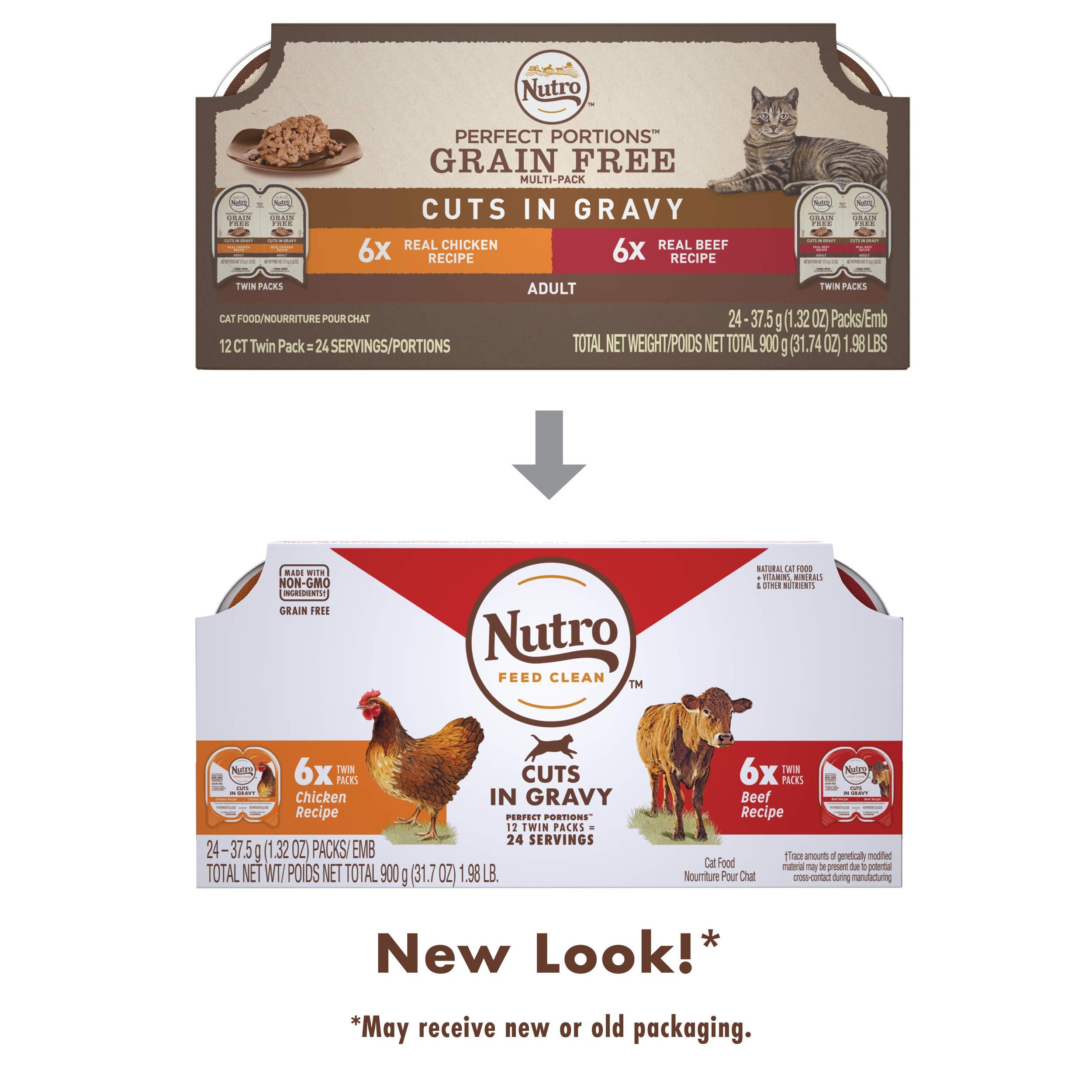 Nutro Perfect Portions Wet Cat Food Cuts in Gravy Multipack: Beef Recipe and Chicken Recipe, 2.64 oz Twin-Pack Trays (12 Count,