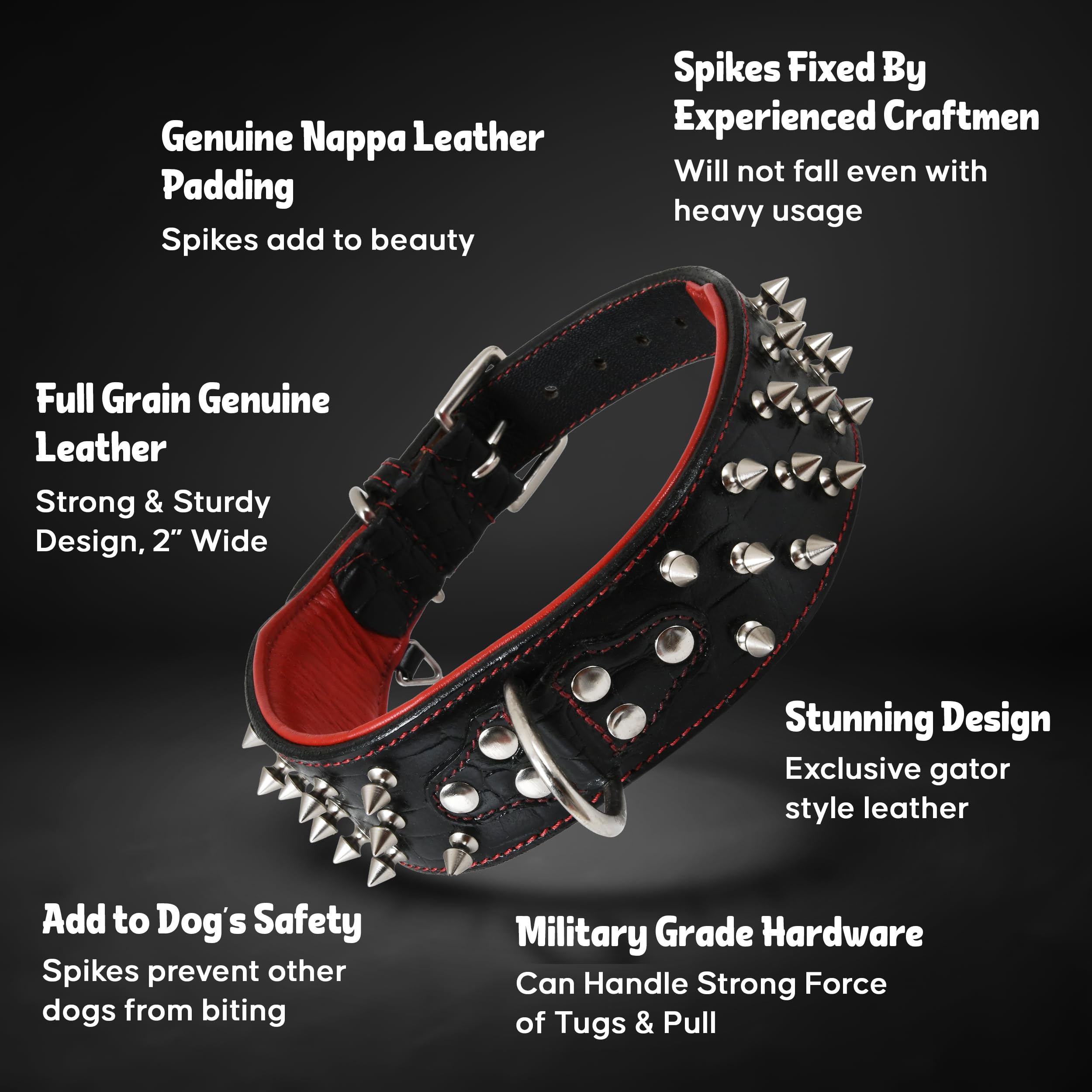 Dowgclub Premium Genuine Leather Spike Dog Collar, Crocodile Pattern, Gator Design | Full Grain, Heavy Duty, Exotic, Distinguish