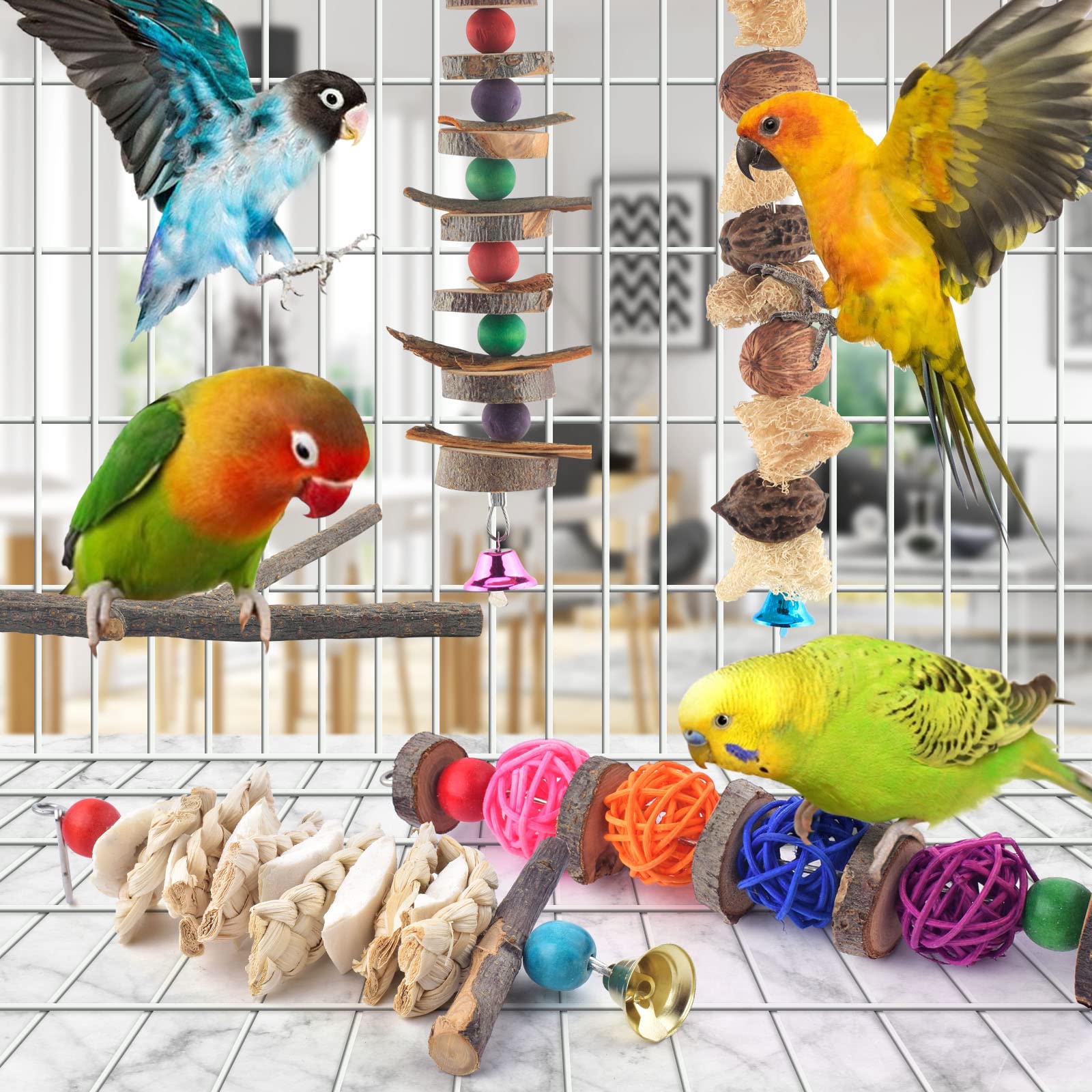 Bissap Bird Chew Toys, 5 Packs Parakeet Natural Wood Toys Parrot Hanging Cage Toy Bird Perch Stand for Small Bird Conure Cockati