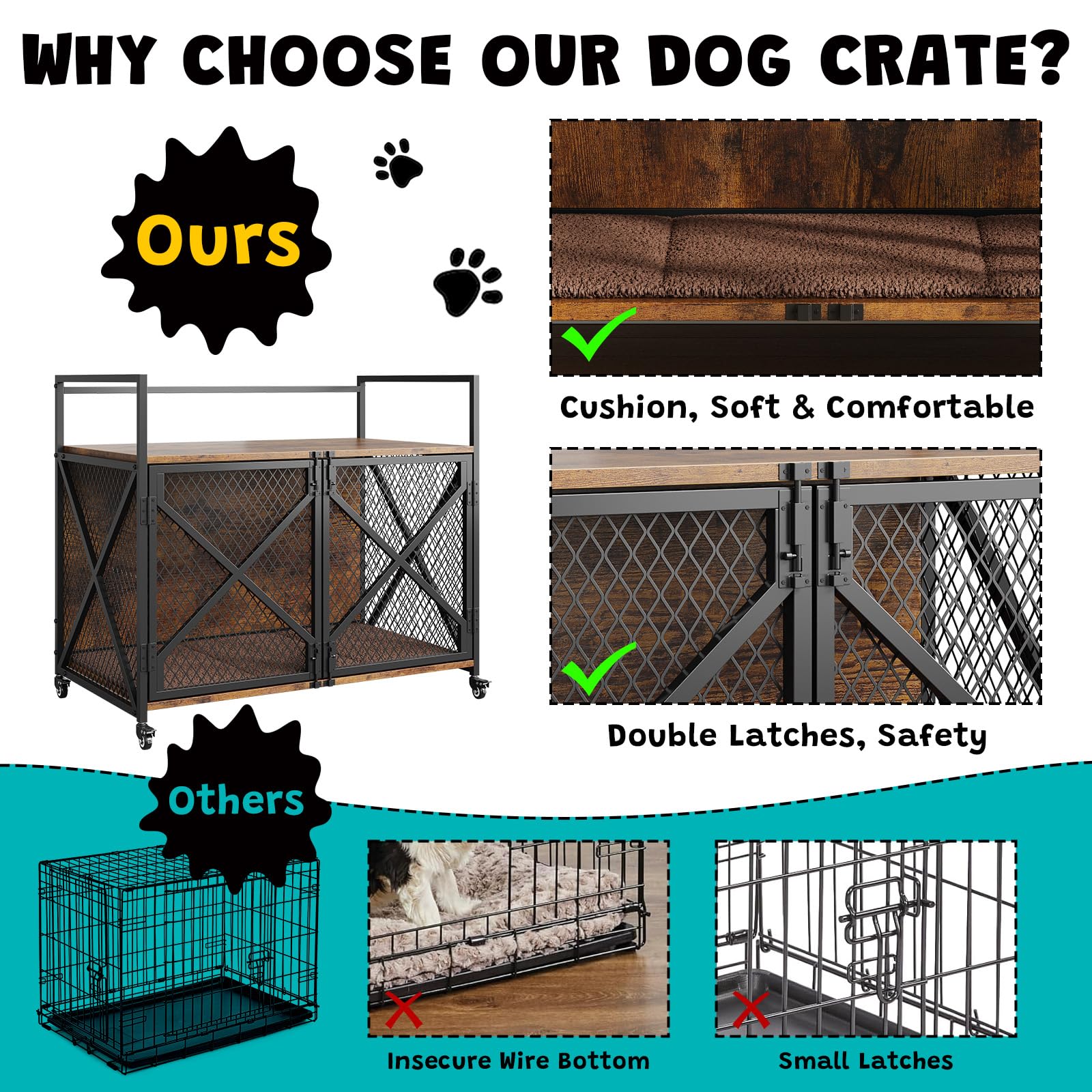 GarveeLife 31 Inch Dog Crate Furniture, Heavy Duty Decorative Dog Cage with Lockable 360 Wheels, Double Door Dog Kennel End Tabl