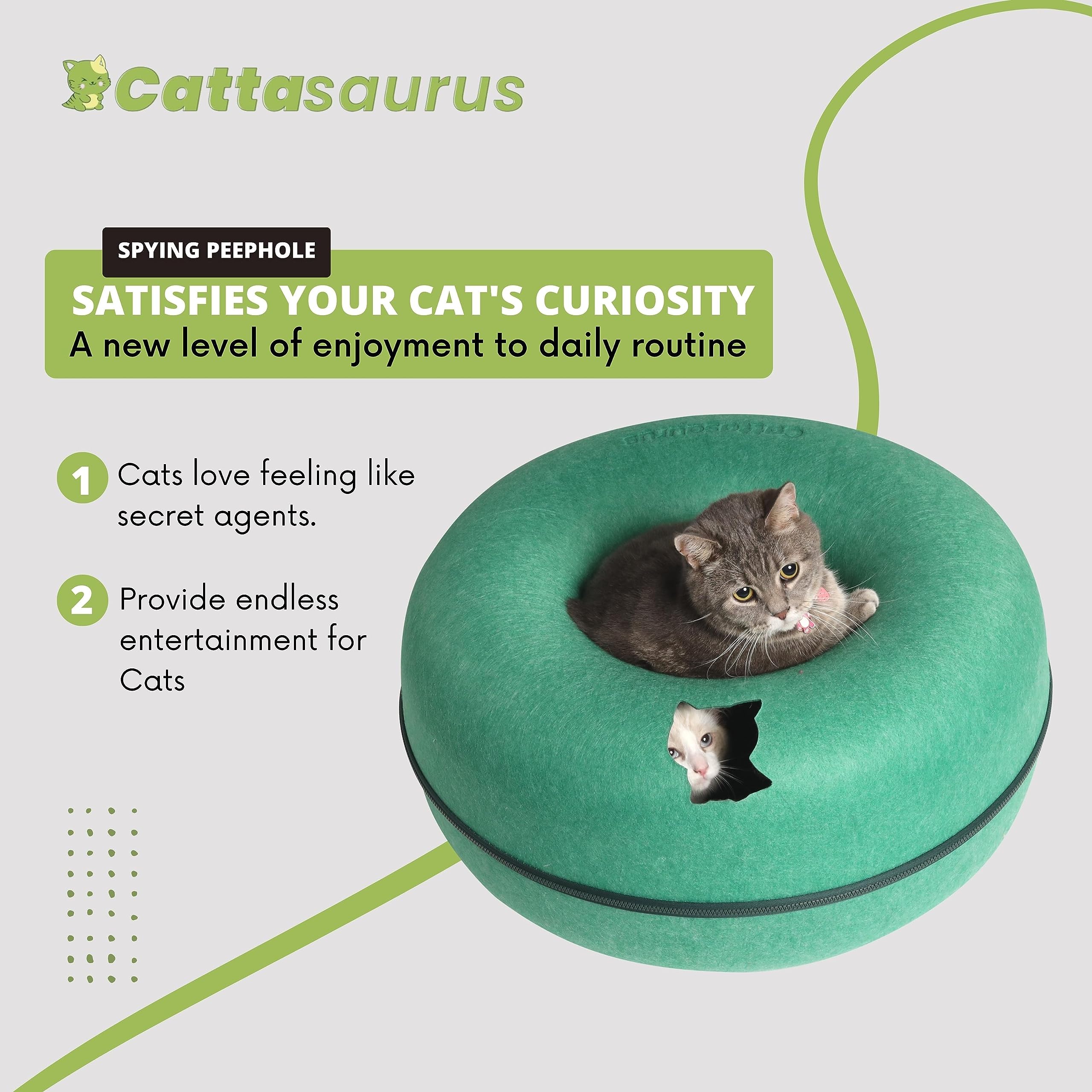 Cattasaurus Large Cat Cave - Scratch-Resistant Felt Tunnel Bed, Forest Green, Model PAB1701, Comfy for Cats Up to 45 Lbs