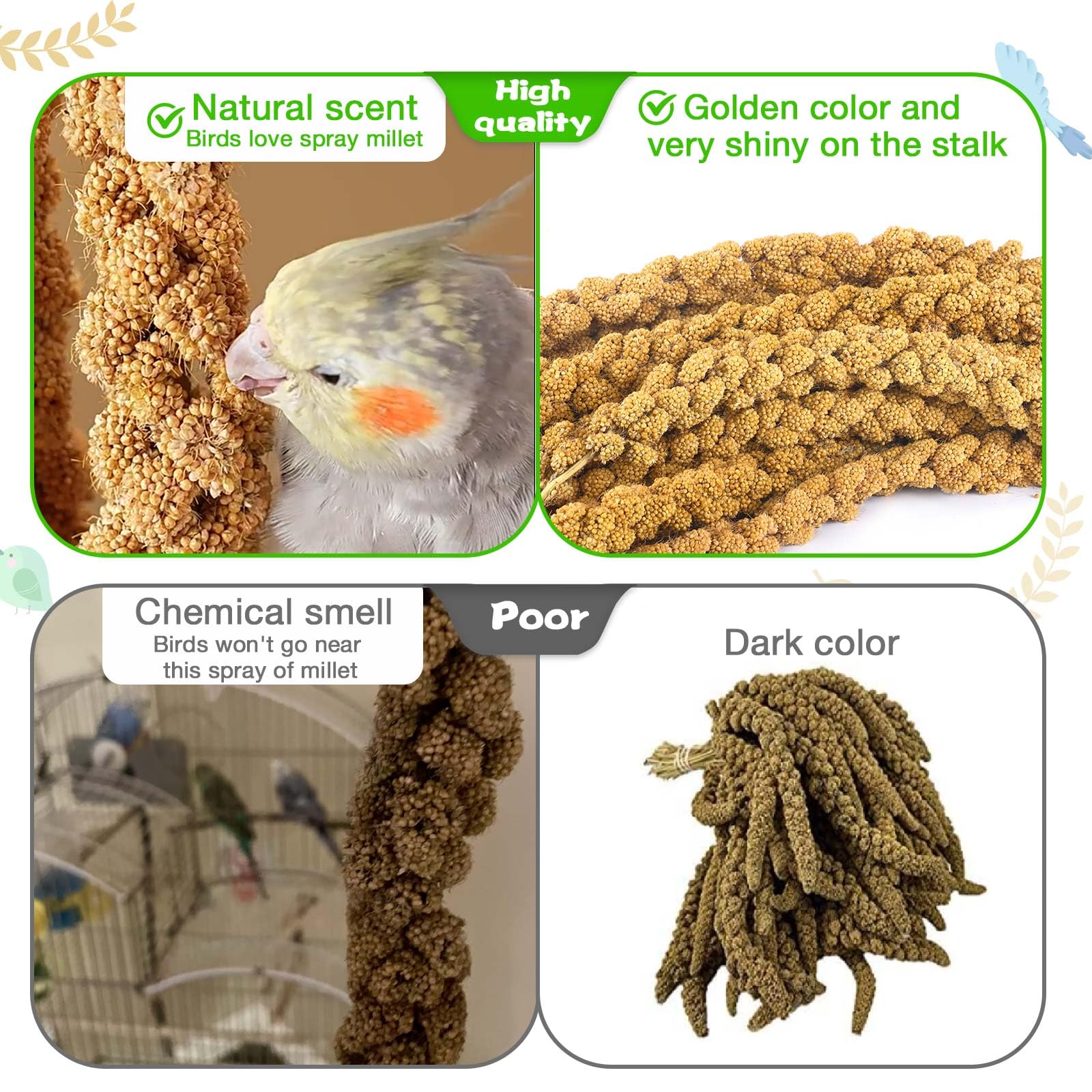 Millet for Birds 1.2LB, Natural Sun-Dried Millet Spray for Birds Seed No Stems Only Edible Tops for Parakeet, Budgies, Finches,