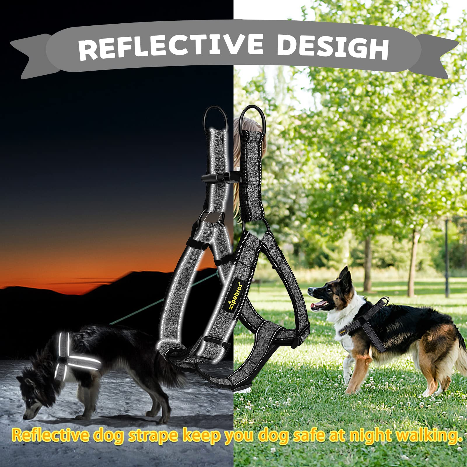 xipebros Dog Harness, No Pull, Reflective, Adjustable, XL, Black for Medium/Large Dogs