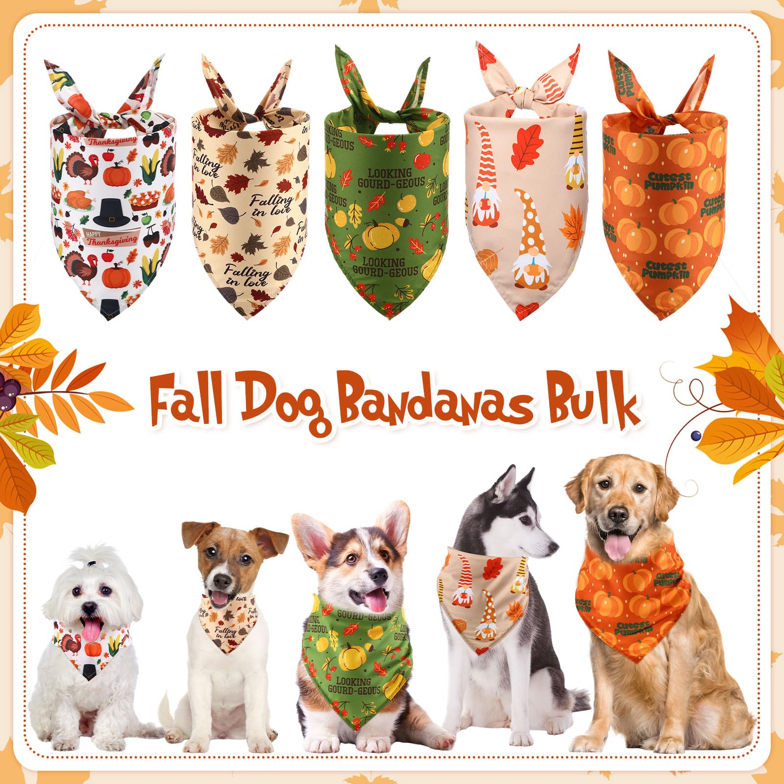 Lasnten 120 Pcs Fall Dog Bandanas Bulk Pumpkin Maple Leaves Bandana for Dogs Thanksgiving Pet Bibs Scarf for Small Medium Large