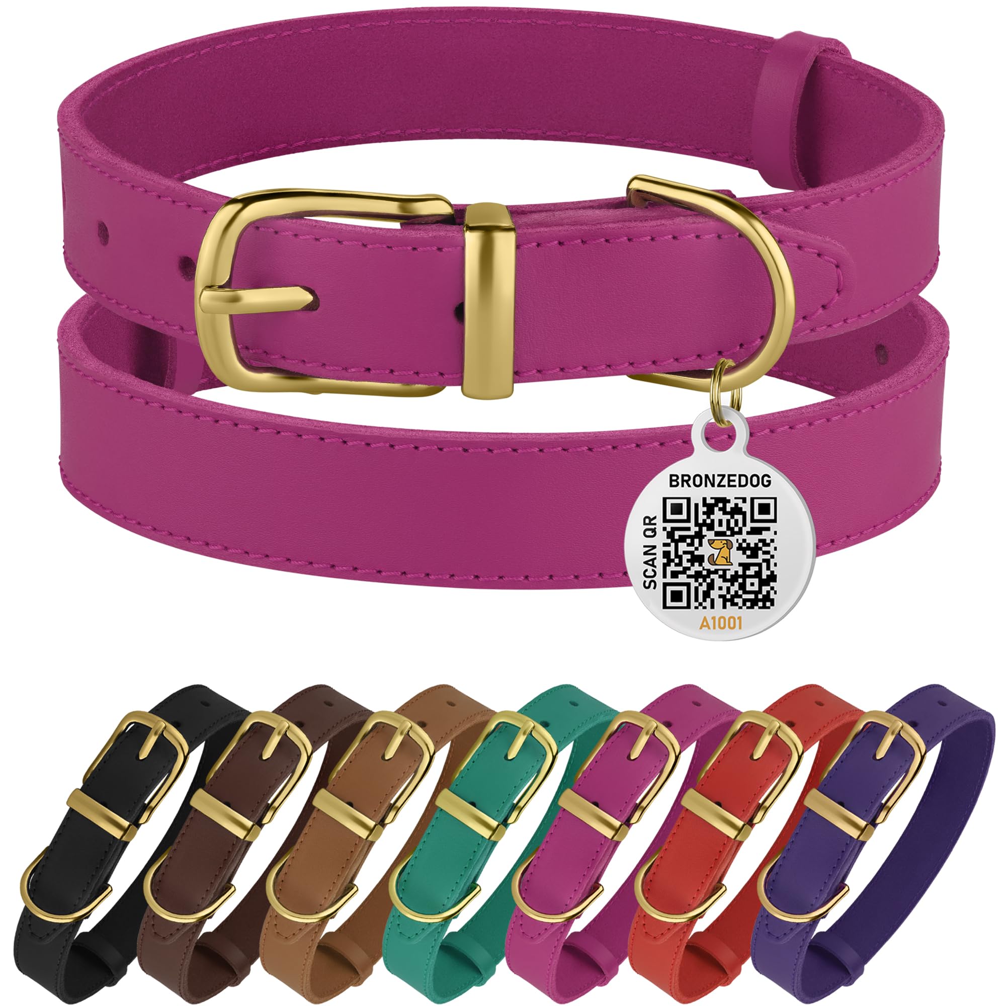 Bronzedog Leather Dog Collar With Metal Buckle Durable Basic Pet Collars For Small Medium Large Dogs (14-17 Inch (Pack Of 1), Pink & Gold Buckle)