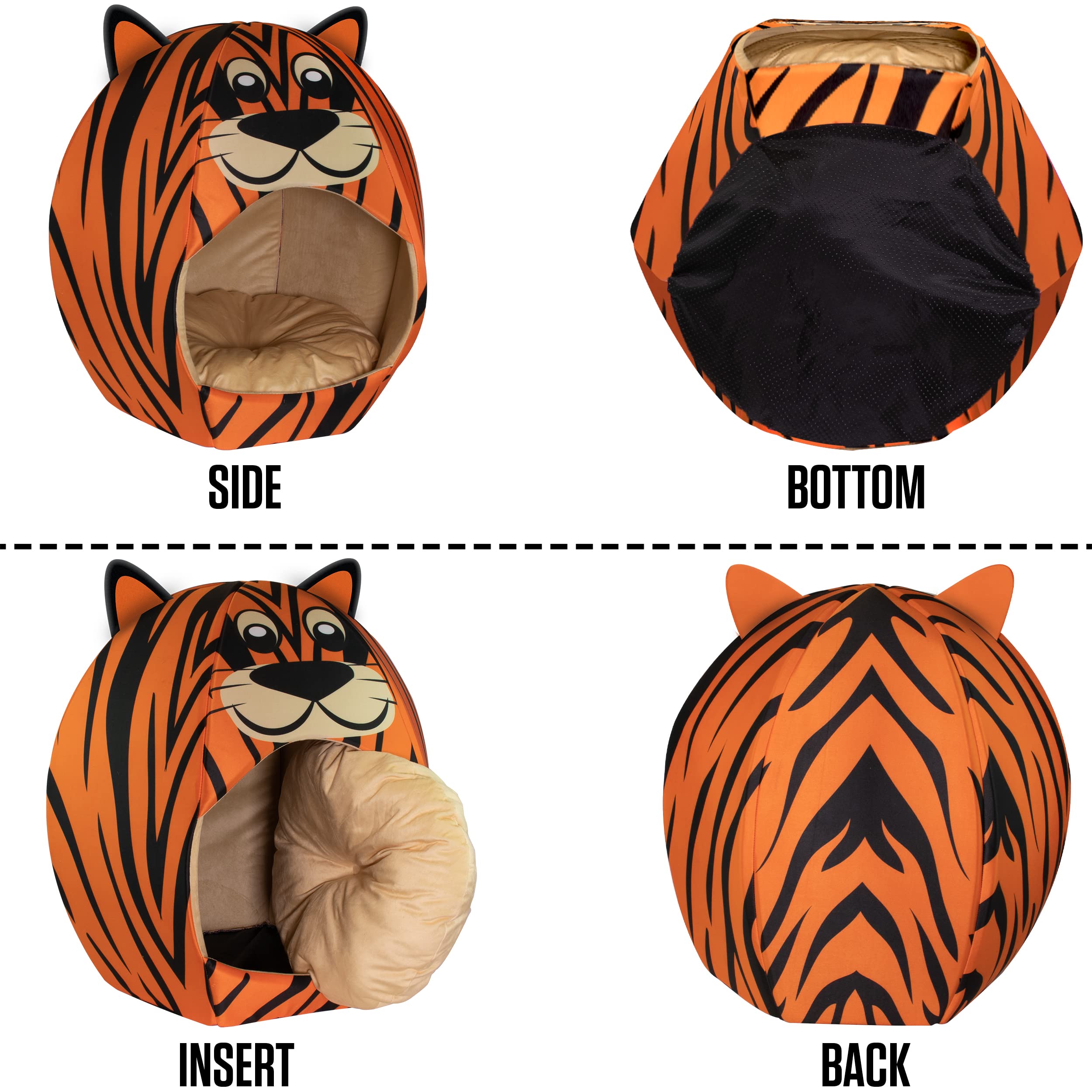 Maccabi Art Tiger Theme Dog Bed - Cute Igloo Style Pet Bet - Fits Medium Dogs, Puppies, Cats - Pillow Insert With Plush Lined In
