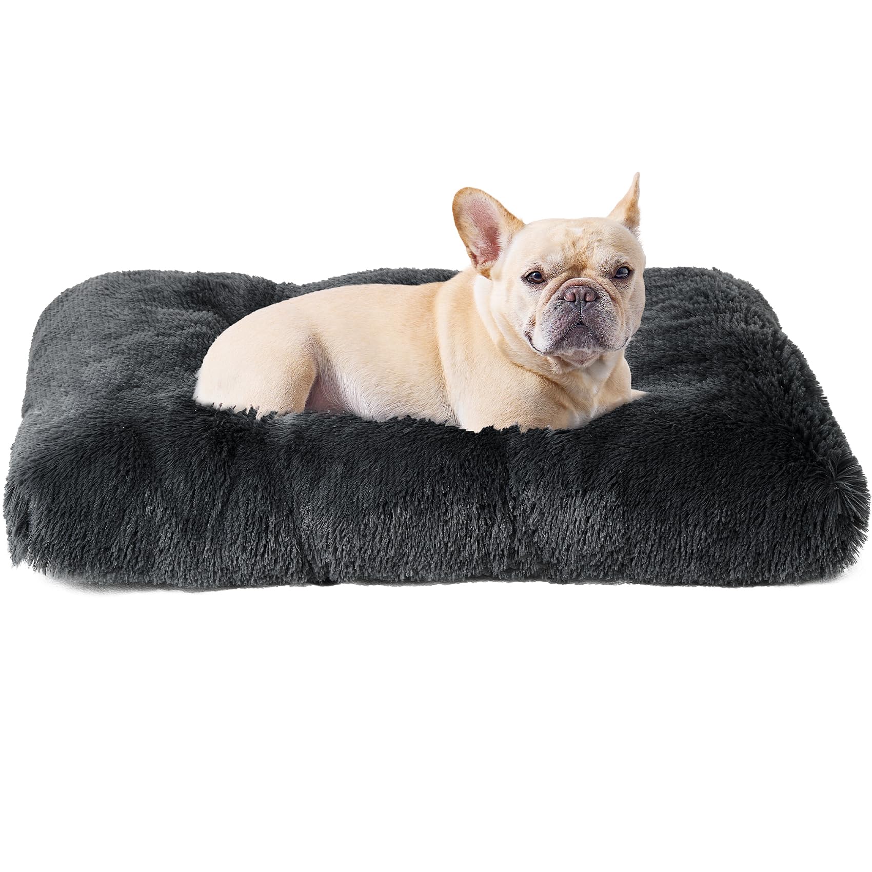Eheyciga Fluffy Dog Crate Bed For Medium Dogs, Plush Faux Fur Dog Crate Pad, Calming Anti Anxiety Medium Dog Bed For Crate, Washable Soft Warm Dog Crate Mat With Non-Slip Bottom, Dark Grey