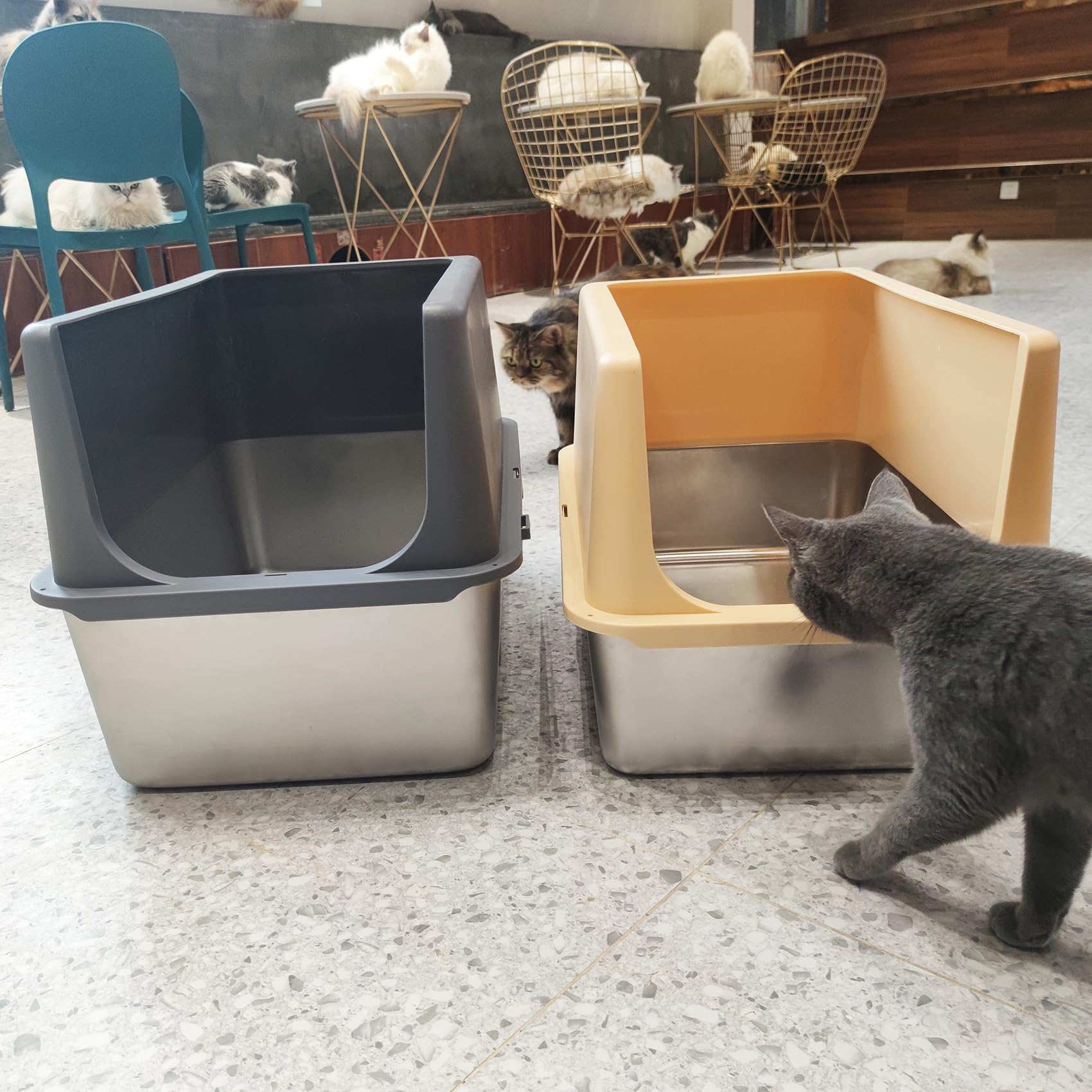 Stainless Steel Cat Litter Box, Metal Litter Box With Lid, 14 Extra Large Litter Boxes For Big Cats, High Sided Beige Cat Box