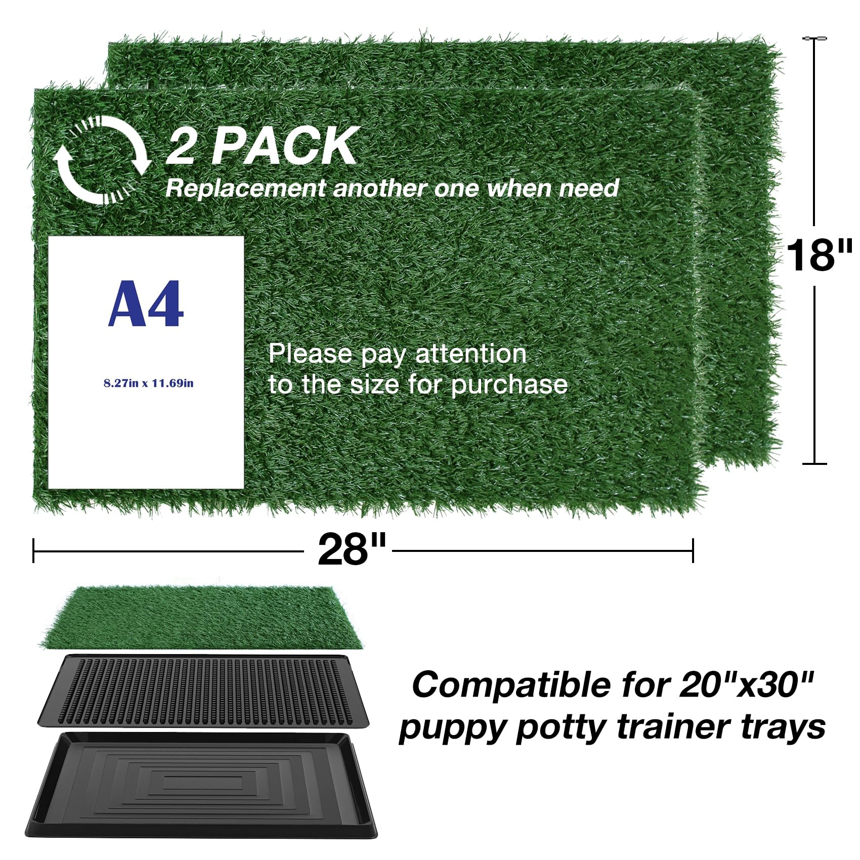 GLOBREEN Artificial Dog Grass Pee Pads - 28"x18" Reusable Turf, Anti-Odors, Green, 2 Packs, Model GLB-WG-28X18