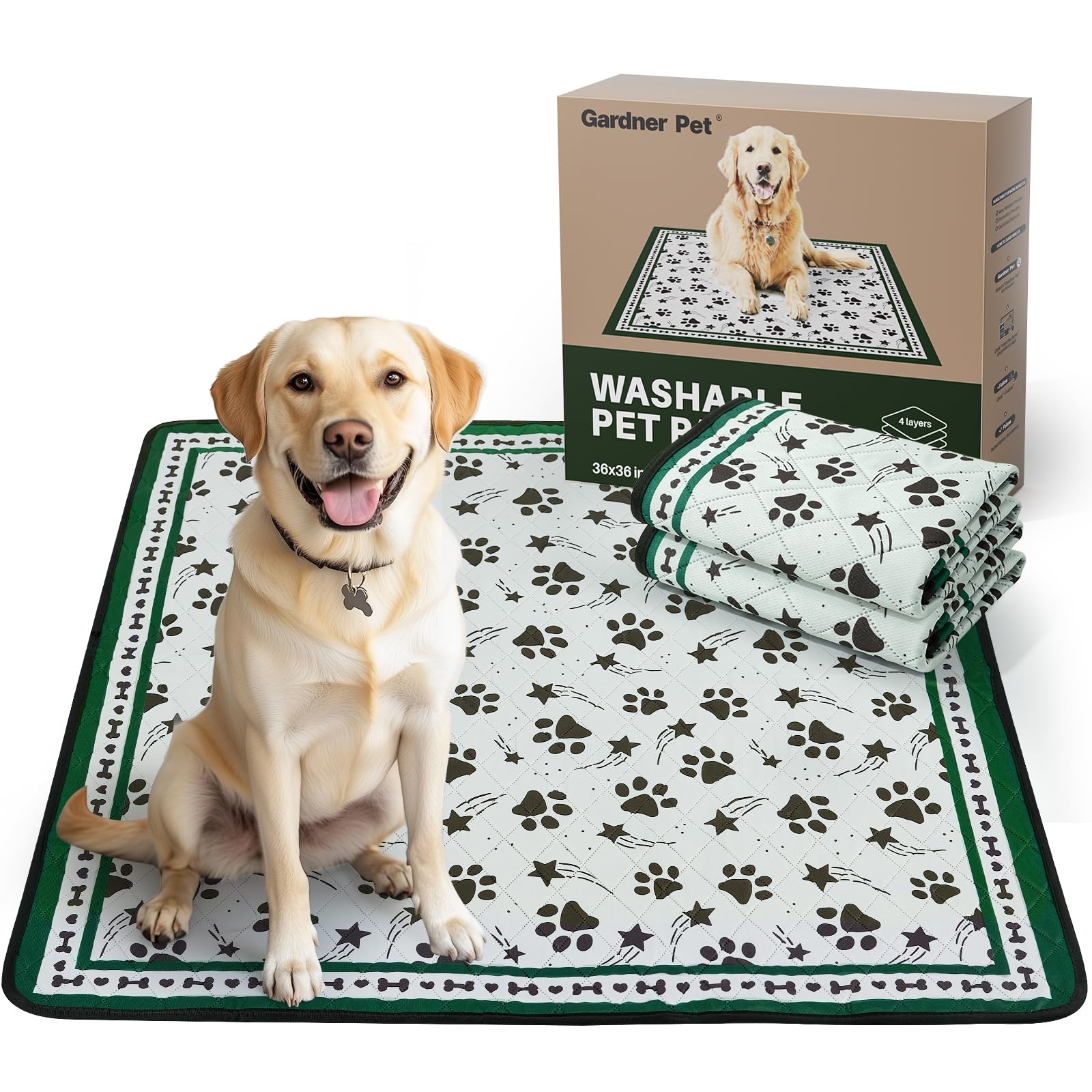 Gardner Pet Washable Dog Pee Pads, 36 x 36 Non Slip Dog Mats with Great Urine Absorption, Reusable Puppy Pee Pads for Potty 