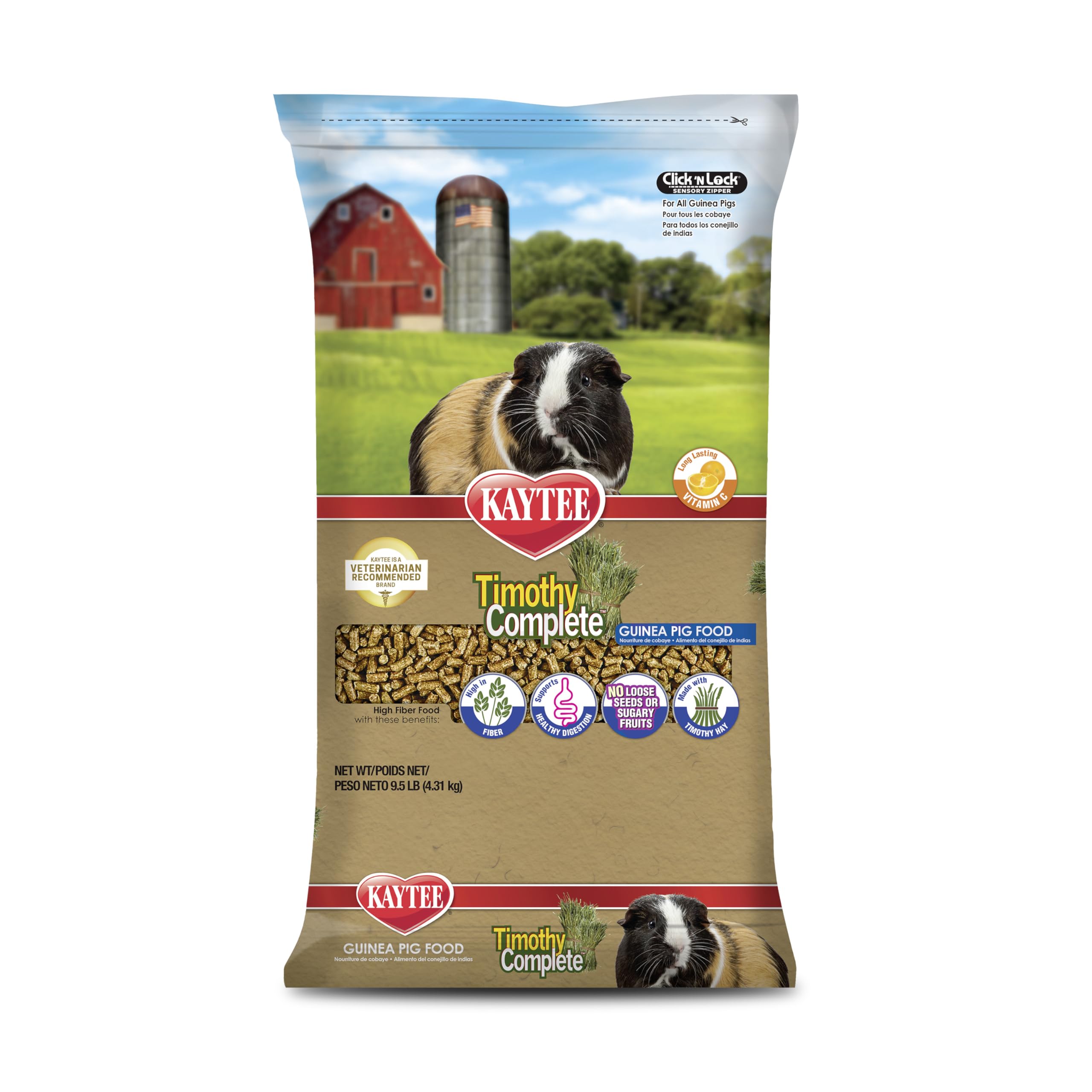 Kaytee Timothy Complete Guinea Pig Food, Made with Timothy Hay, High in Fiber, Supports Dental Health and Digestion, Long-lastin
