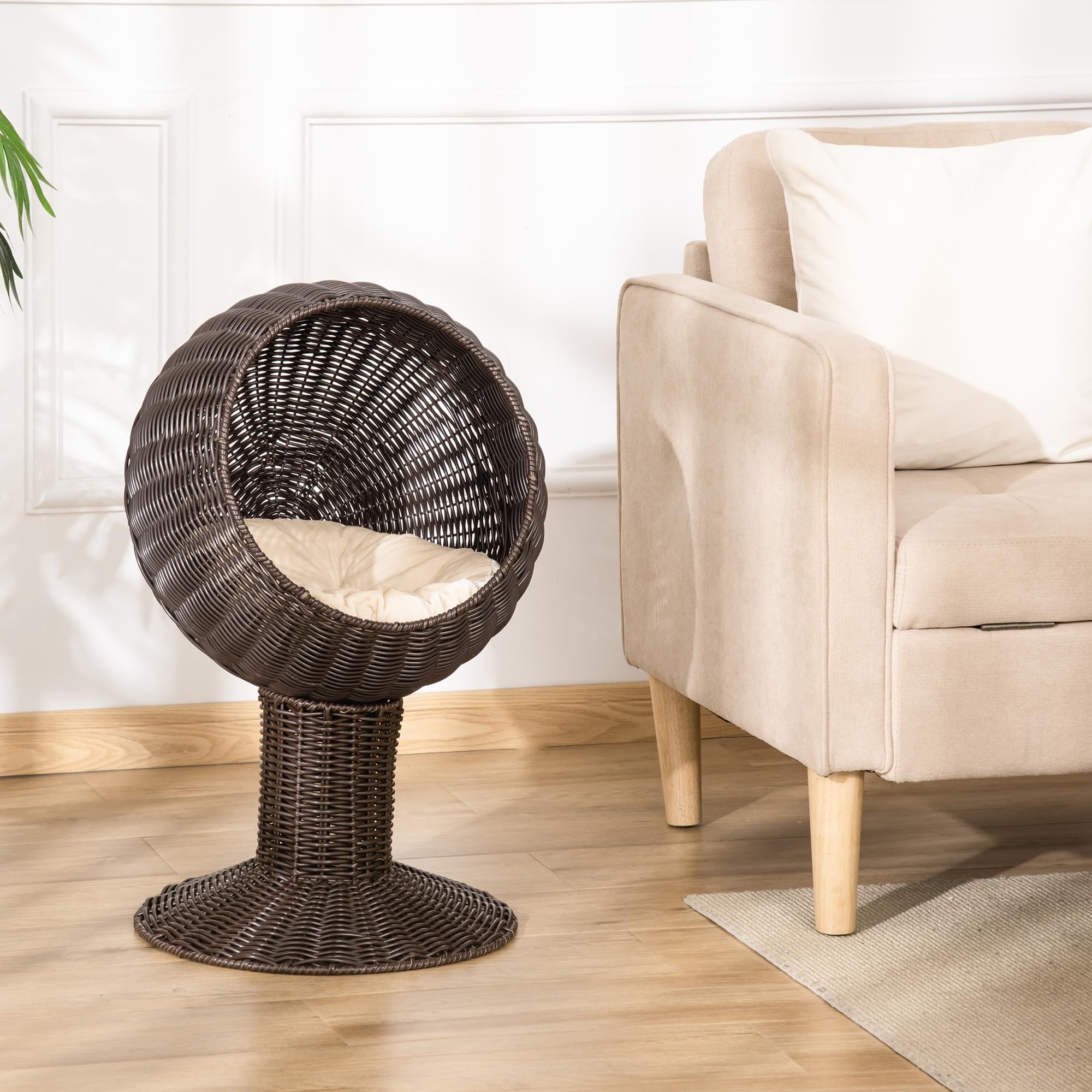 Pawhut 28' Hooded Rattan Wicker Elevated Cat Bed - Coffee/Beige