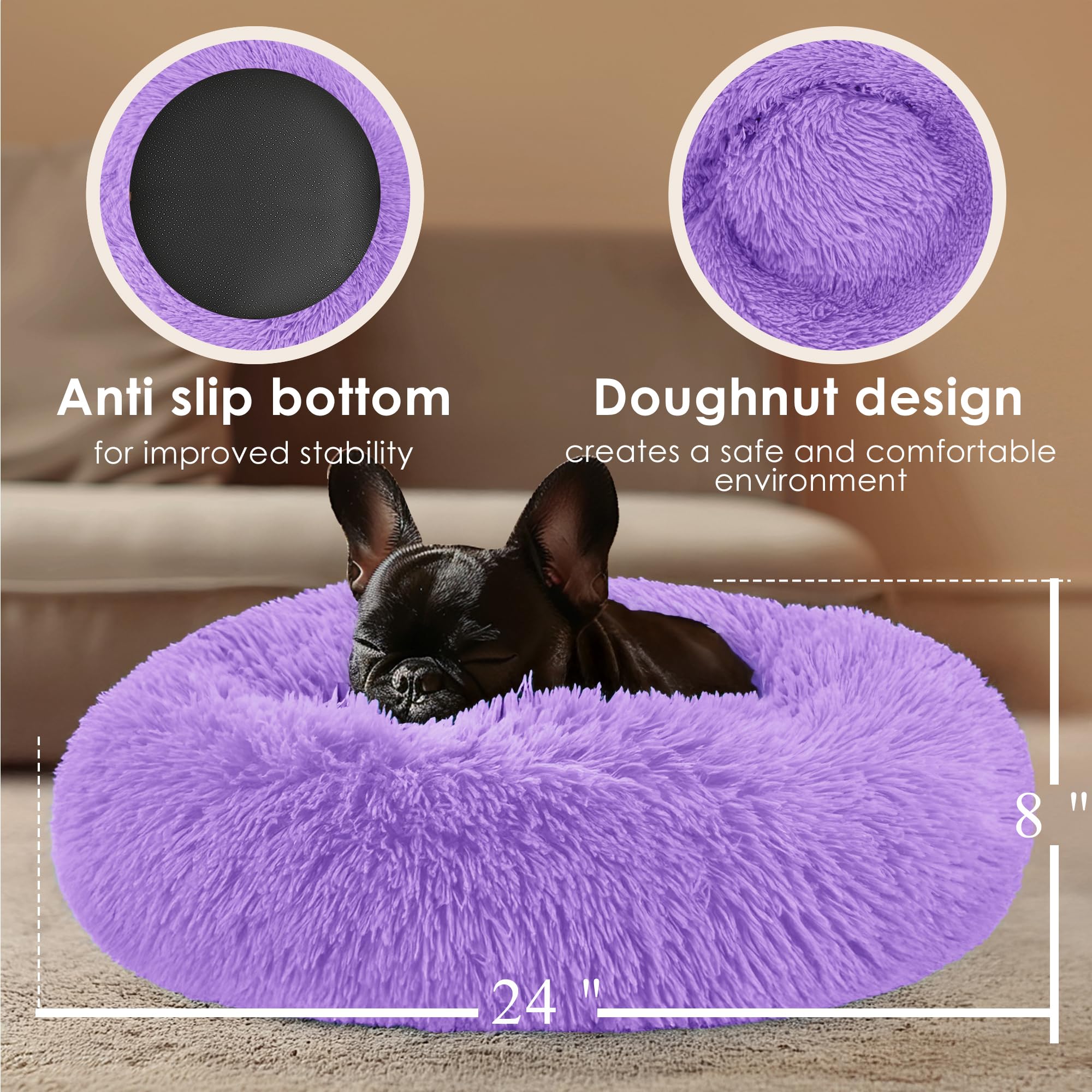 Dogs Bed for Small Dogs, Anti-Anxiety Washable Round Bed (Purple, 24.0 L x 24.0 W x 8.0 Th)