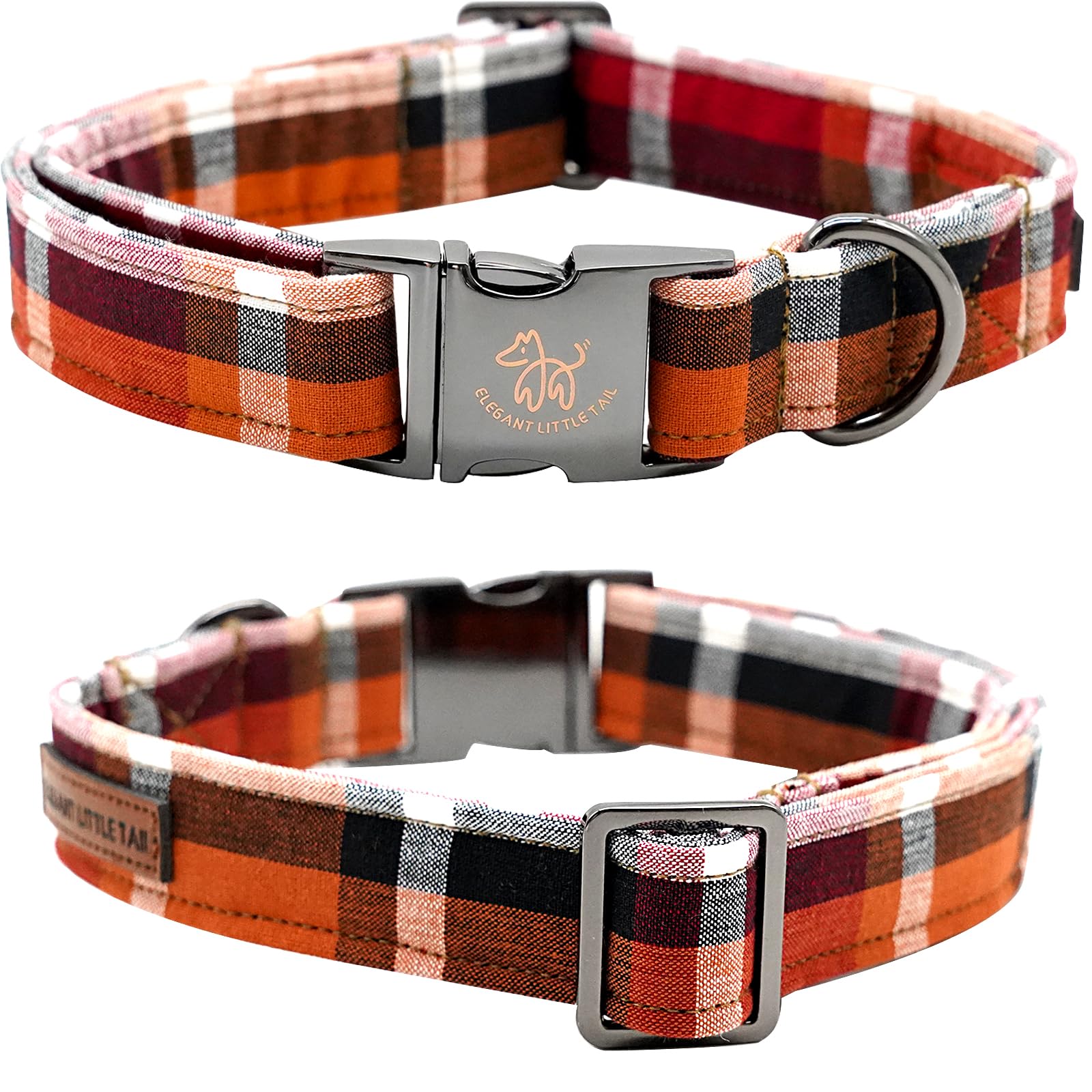 Elegant Little Tail Orange Plaid Cotton Dog Collar With Metal Buckle For X-Large Dogs