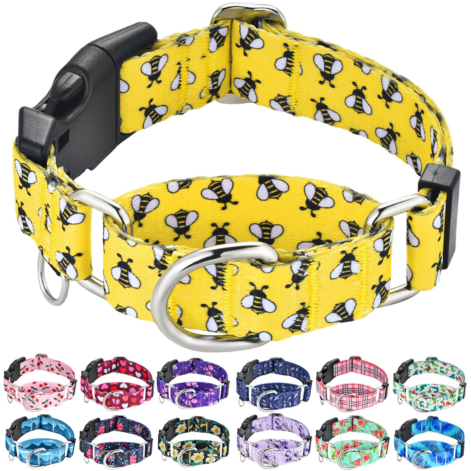 Fidohug Martingale Dog Collar With Buckle Yellow Bee Dog Collar Adjustable Cute Design Patterns (Bee, Large)