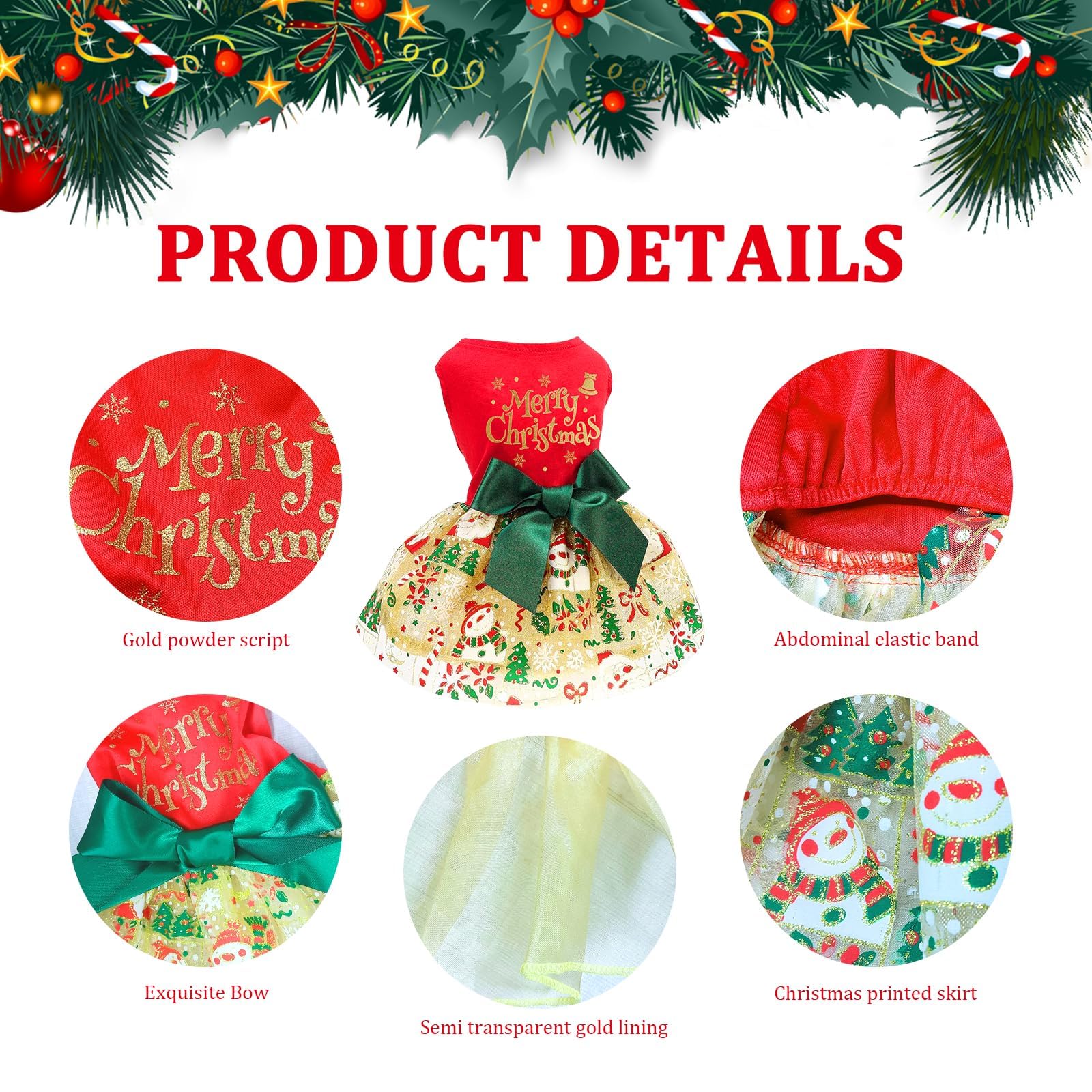 Christmas Dog Dress, Xmas Dog Dress Tulle Puppy Skirt Doggie Christmas Outfit Holiday Clothes For Small Dogs, Cat Pet Apparel (S