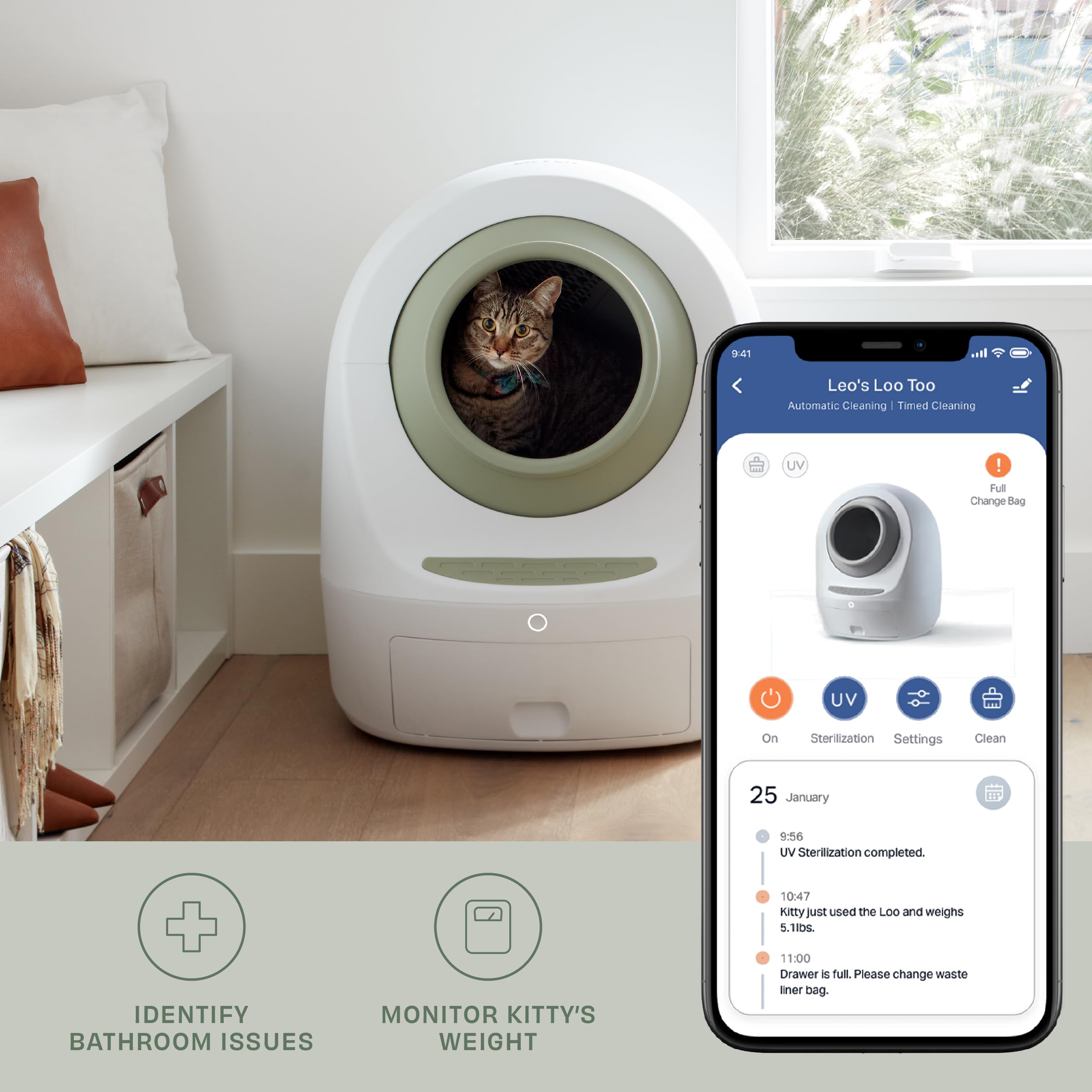 Smarty Pear Leo's Loo Too Automatic Self-Cleaning Cat Litter Box, Small, Avocado Green, Includes Charcoal Filter & Smart Home App