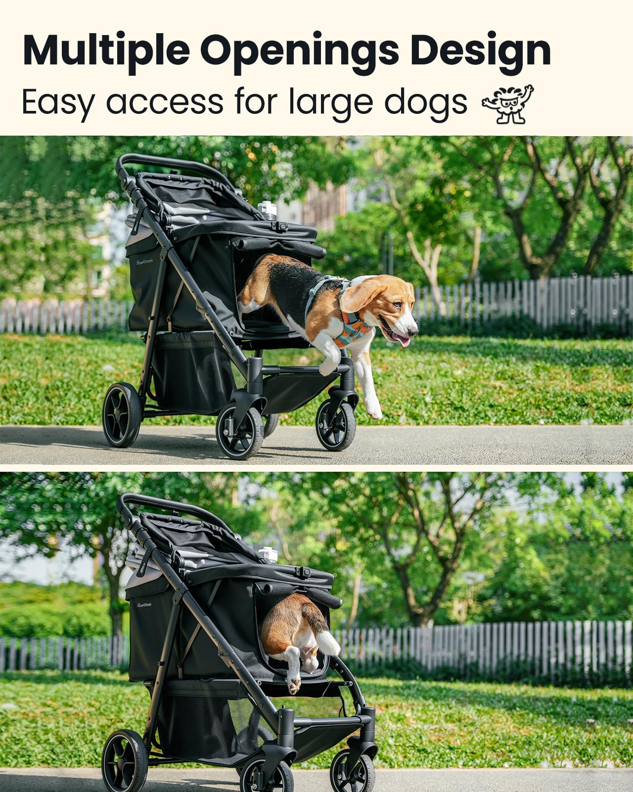 Pawccoli Medium Dog Stroller, Foldable Pet Stroller, Adjustable Handle, Black, Model PCL-PS02, For Dogs & Cats Up to 50lbs