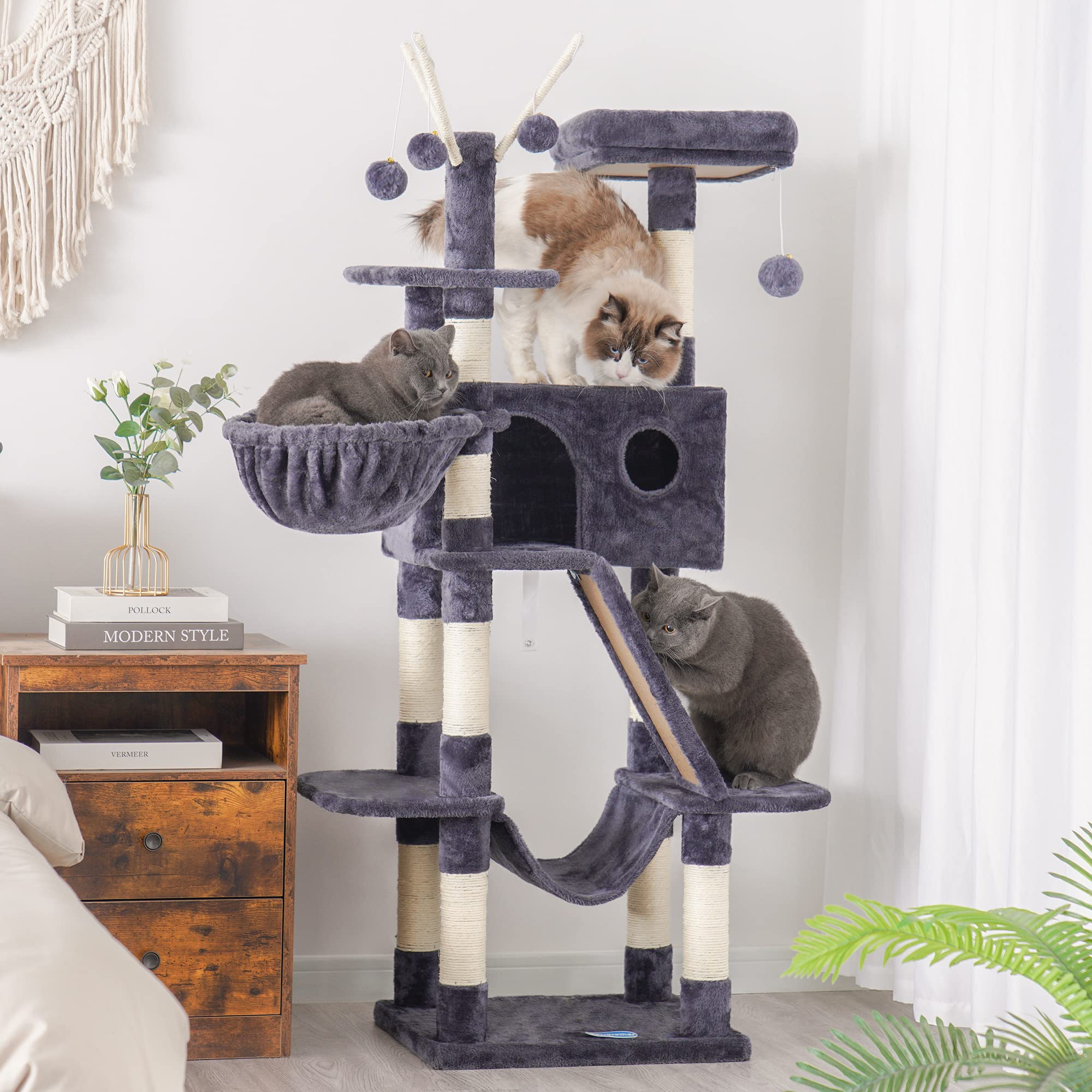 Hey-Brother Cat Tree, 61 Inch Cat Tower For Indoor Cats, Cat House With Padded Platform Bed, Toy Balls, Large Cozy Condo, Hammocks And Sisal Scratching Posts, Smoky Gray Mpj019G