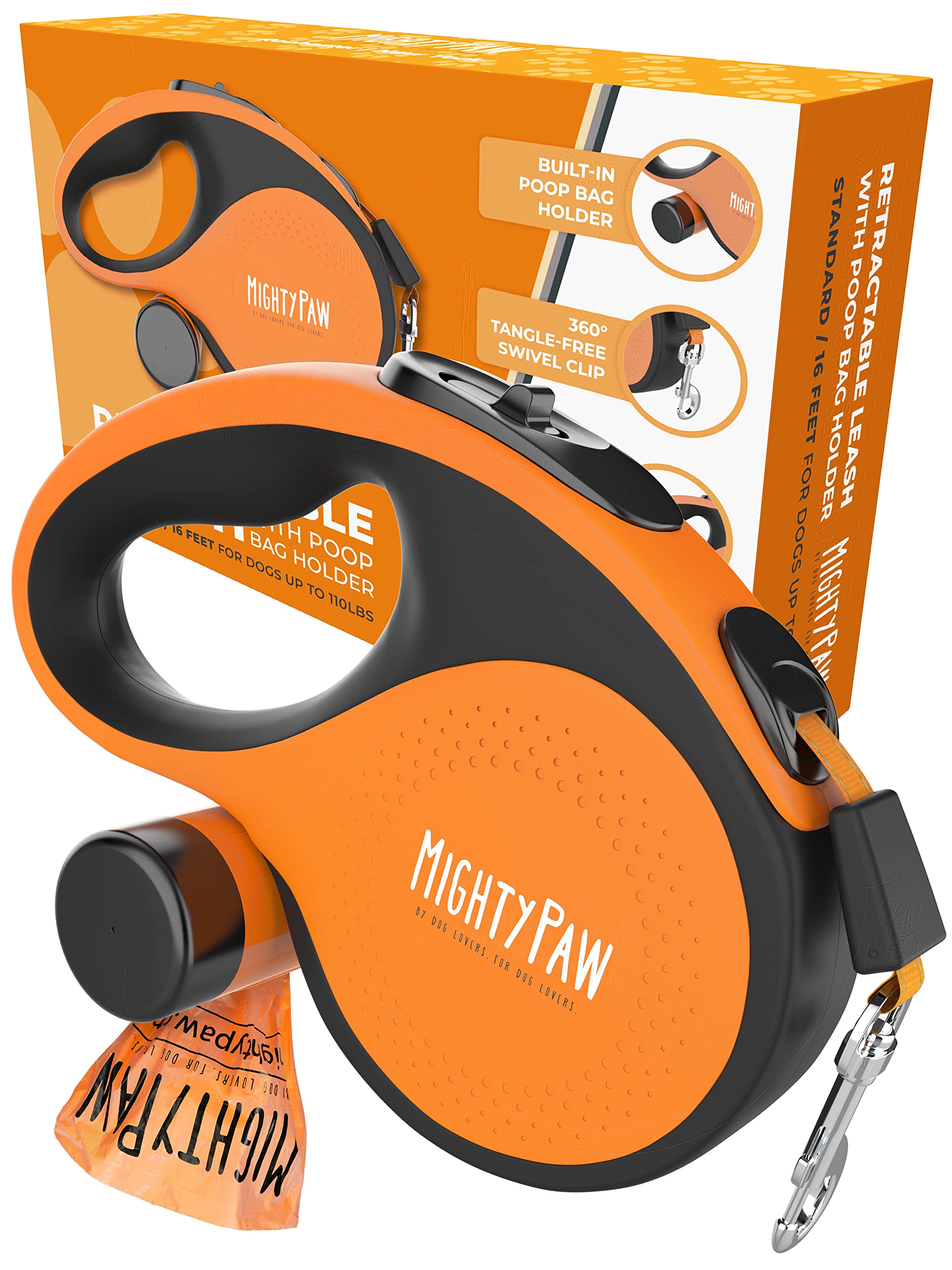 Mighty Paw Retractable Leash with Built-in Poop Bag Holder  16 Long Retractable Dog Leash for Small Dogs, Medium Breeds & Large