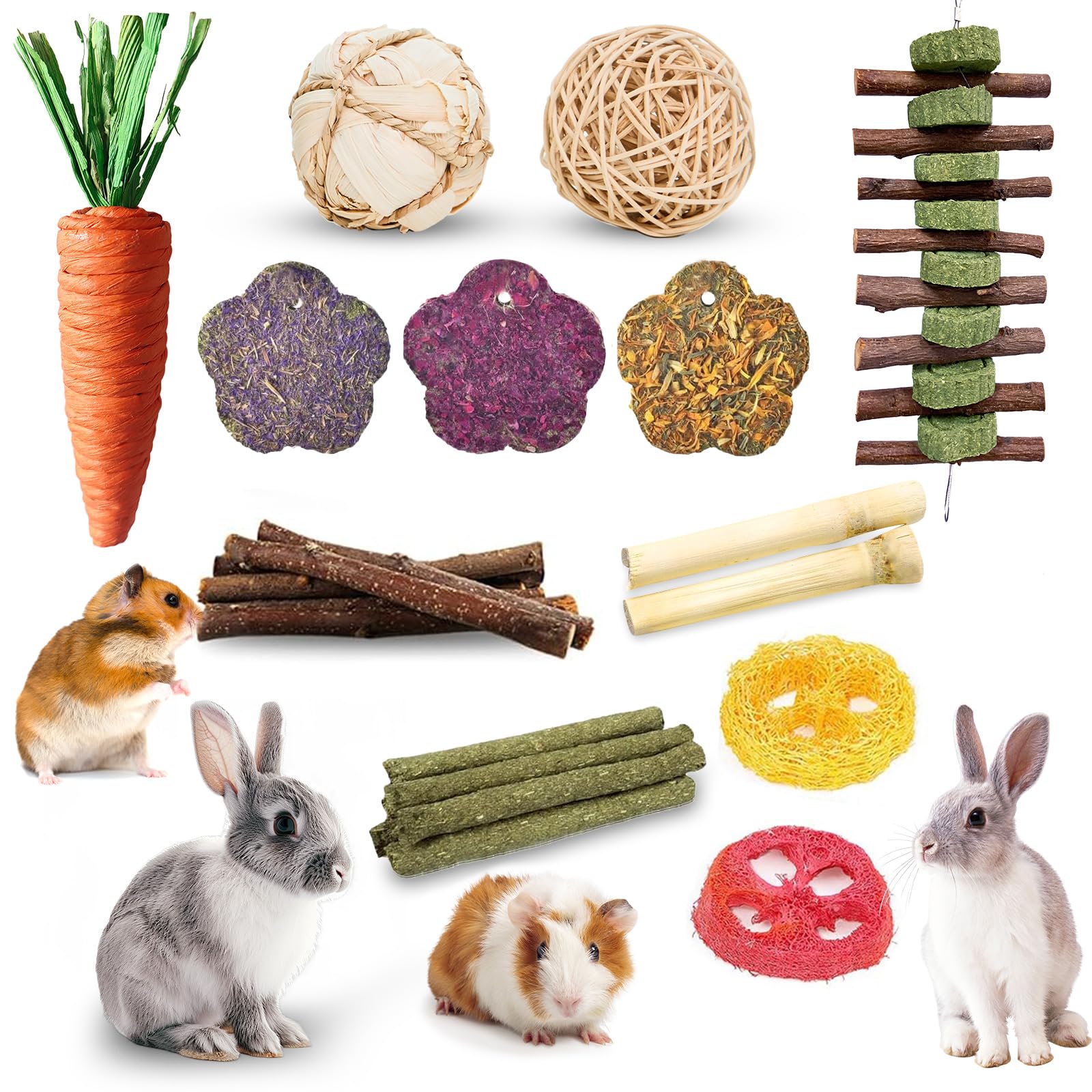 WDEFUN 21-Piece Natural Small Pet Chew Toys Set for Rabbits, Hamsters & Organic Grass Mat, Hay Sticks, Loofah Slices, Wooden Che