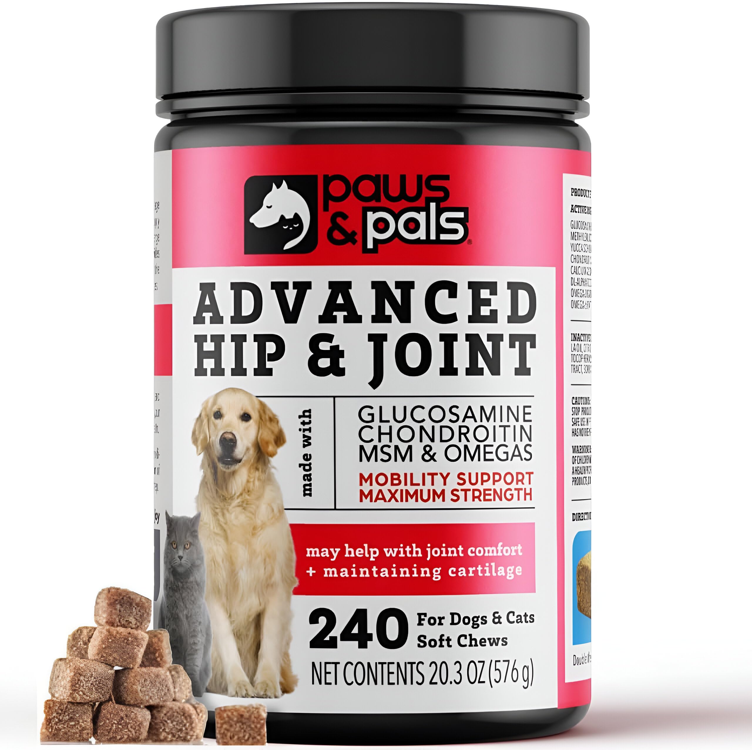 Paws & Pals Glucosamine Chondroitin MSM for dogs 240 Count, Hip and Joint Mobility Soft Chews Supplement, Pain & Inflammation Re