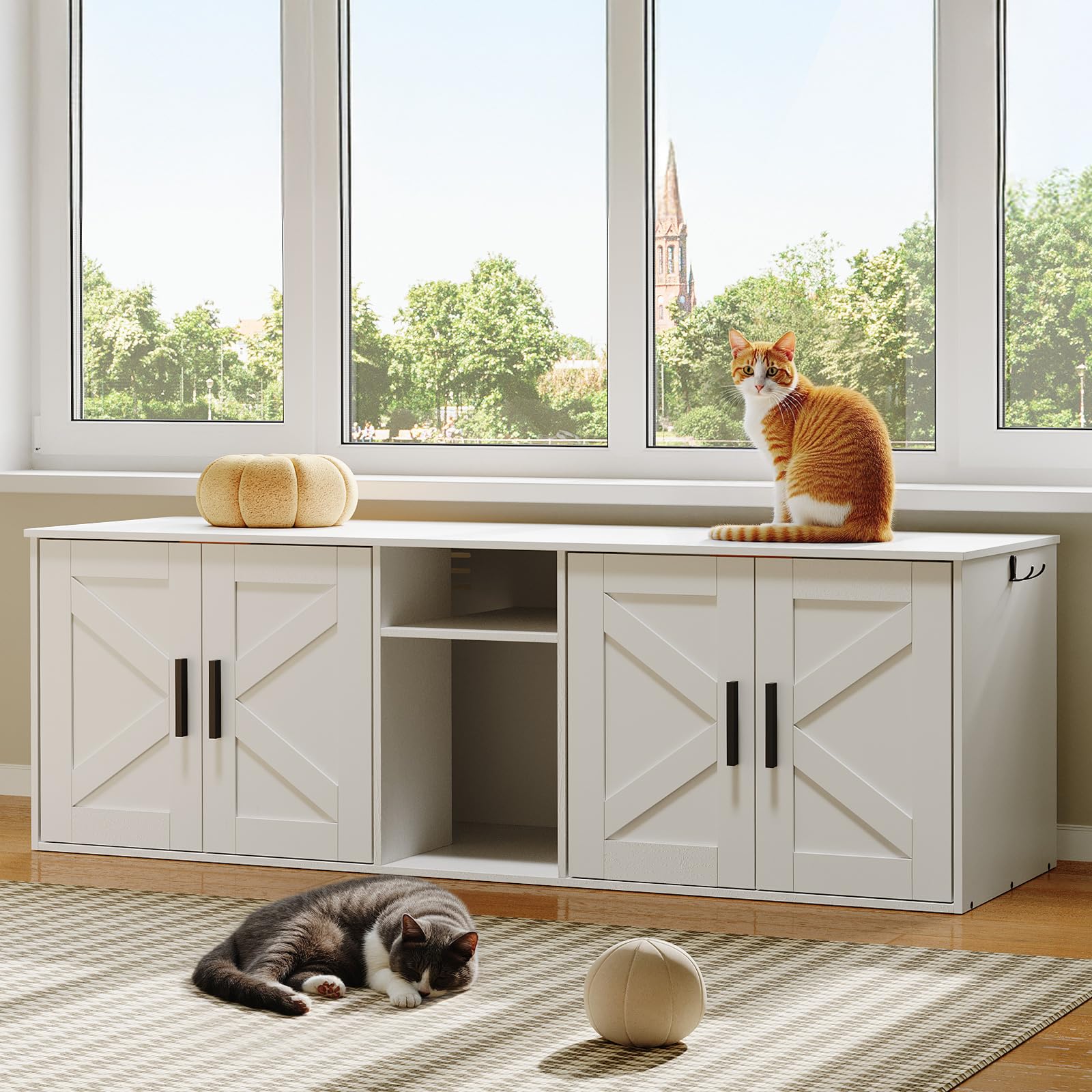HOOBRO Cat Litter Box Enclosure, Hidden Design with Storage Layer, 58.3"L x 18.9"W x 19.3"H, White, Model WT15MW01