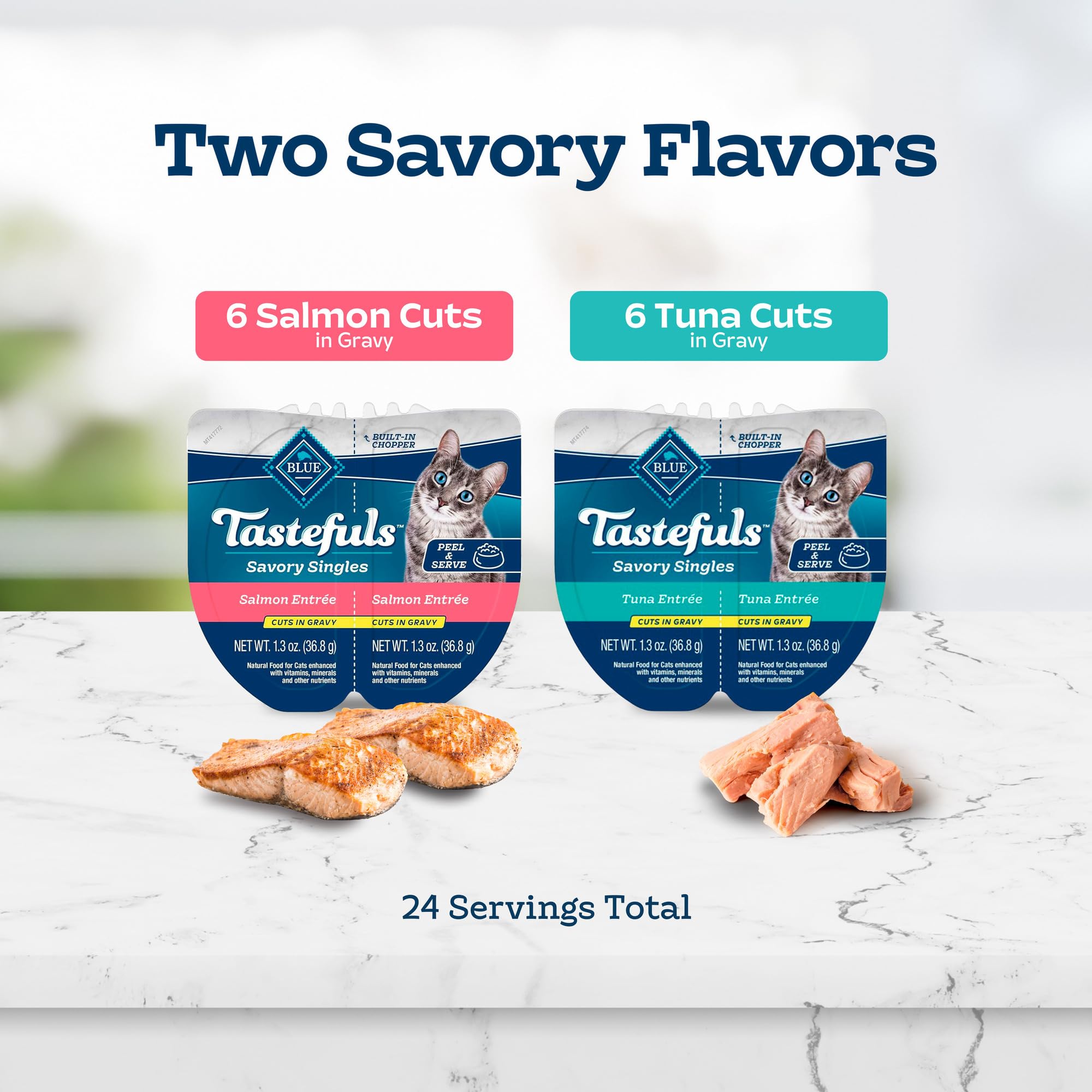 Blue Buffalo Tastefuls Savory Singles Natural Wet Cat Food Cuts in Gravy, Salmon and Tuna Variety Pack, 2.6-oz. Trays, 12-Count