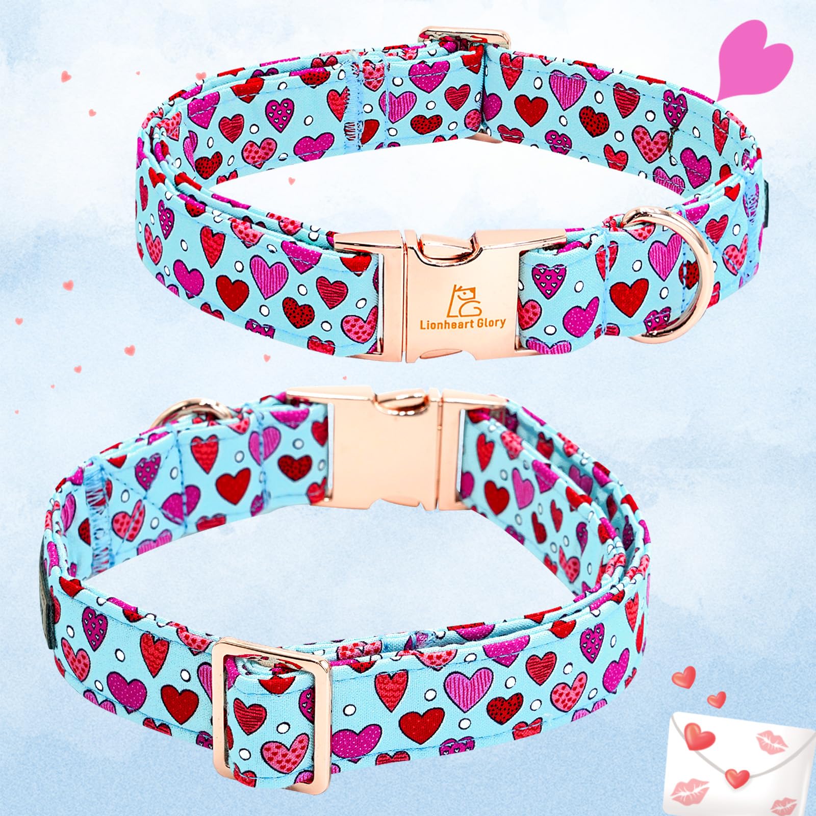 Lionheart Glory Valentine'S Day Dog Collar-Red Hearts Print Dog Collar With Flower For Large Dogs Spring Blue Cute Dog Bow Colla