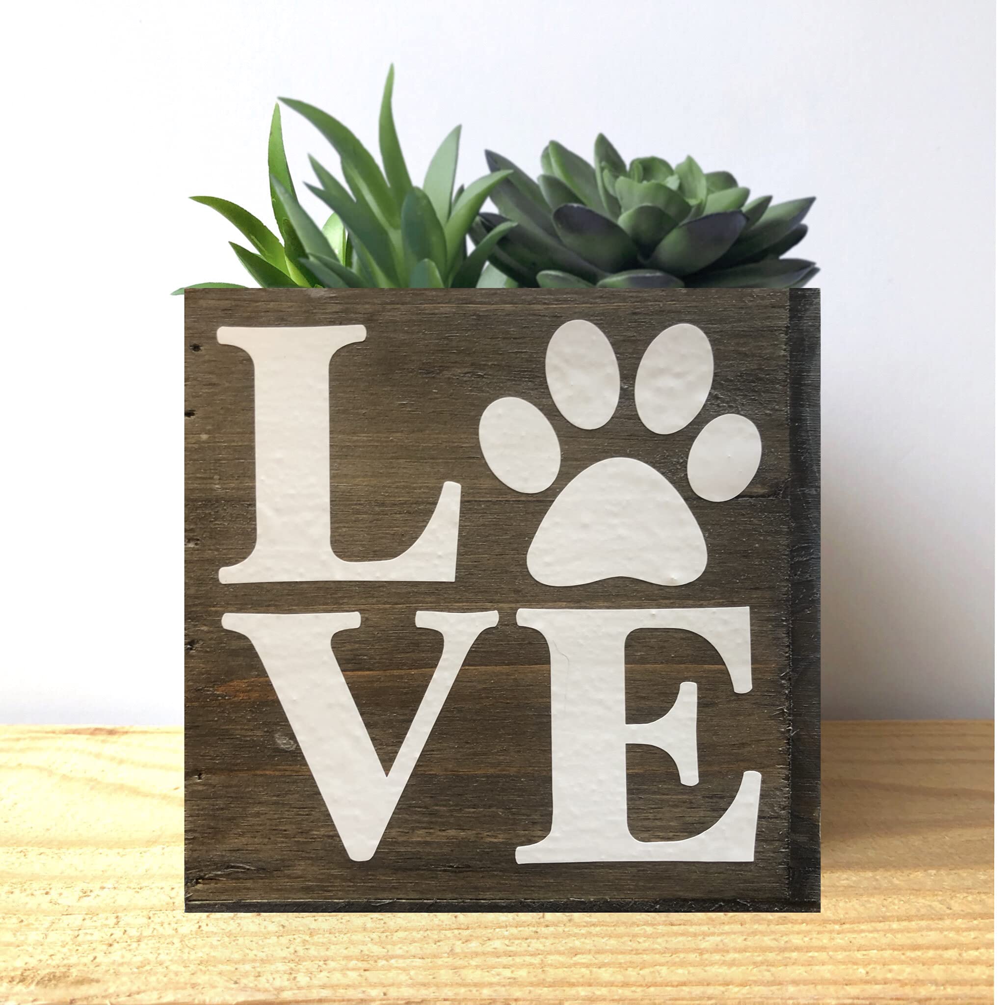 Paw Love Succulent Planter, Cute Gift For Cat And Dog Lovers, Veterinarian, Decorative Bin (4 Square Inches, Natural Brown Wood)