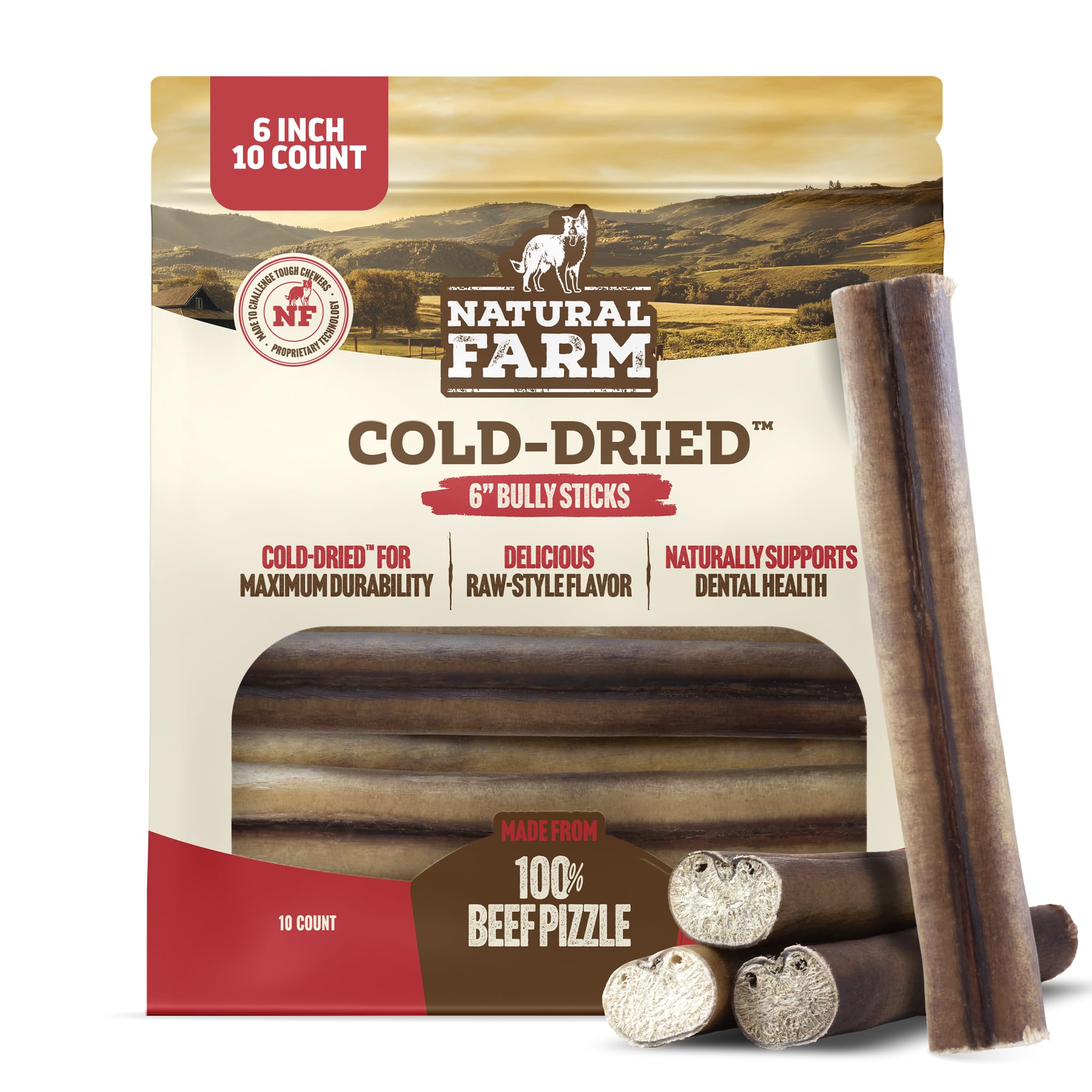 Natural Farm Cold-Dried Bully Sticks 6 Inch (10 Count) - Odor Free Longer Lasting High Protein Dog Chews - 100% Beef Pizzle, Sin