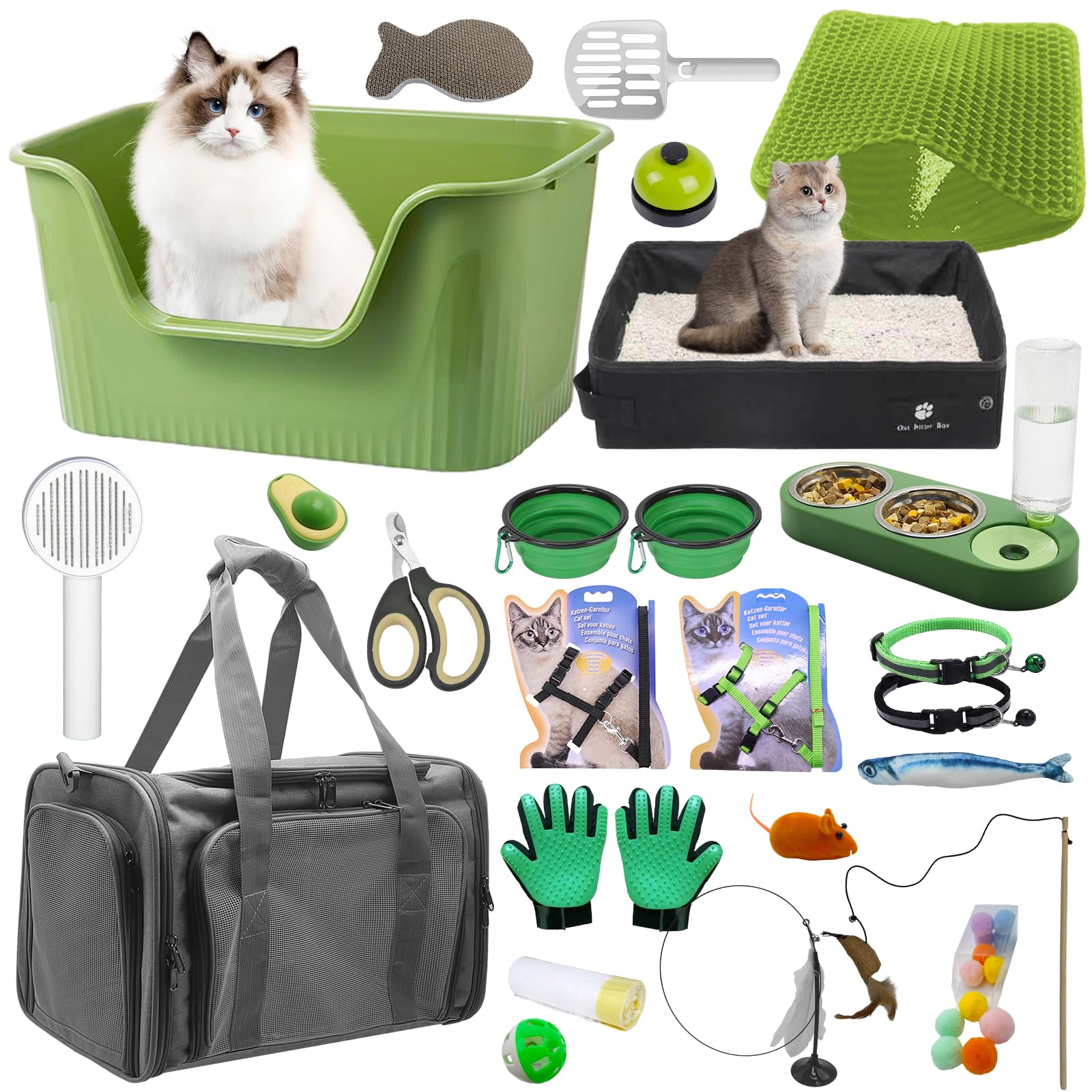 Cat Starter Kit 37pcs Essentials & Supplies Gift - Included Cat Litter Box, Pet Carrier Bag, Grooming Tools, Catnip Toys and Mor