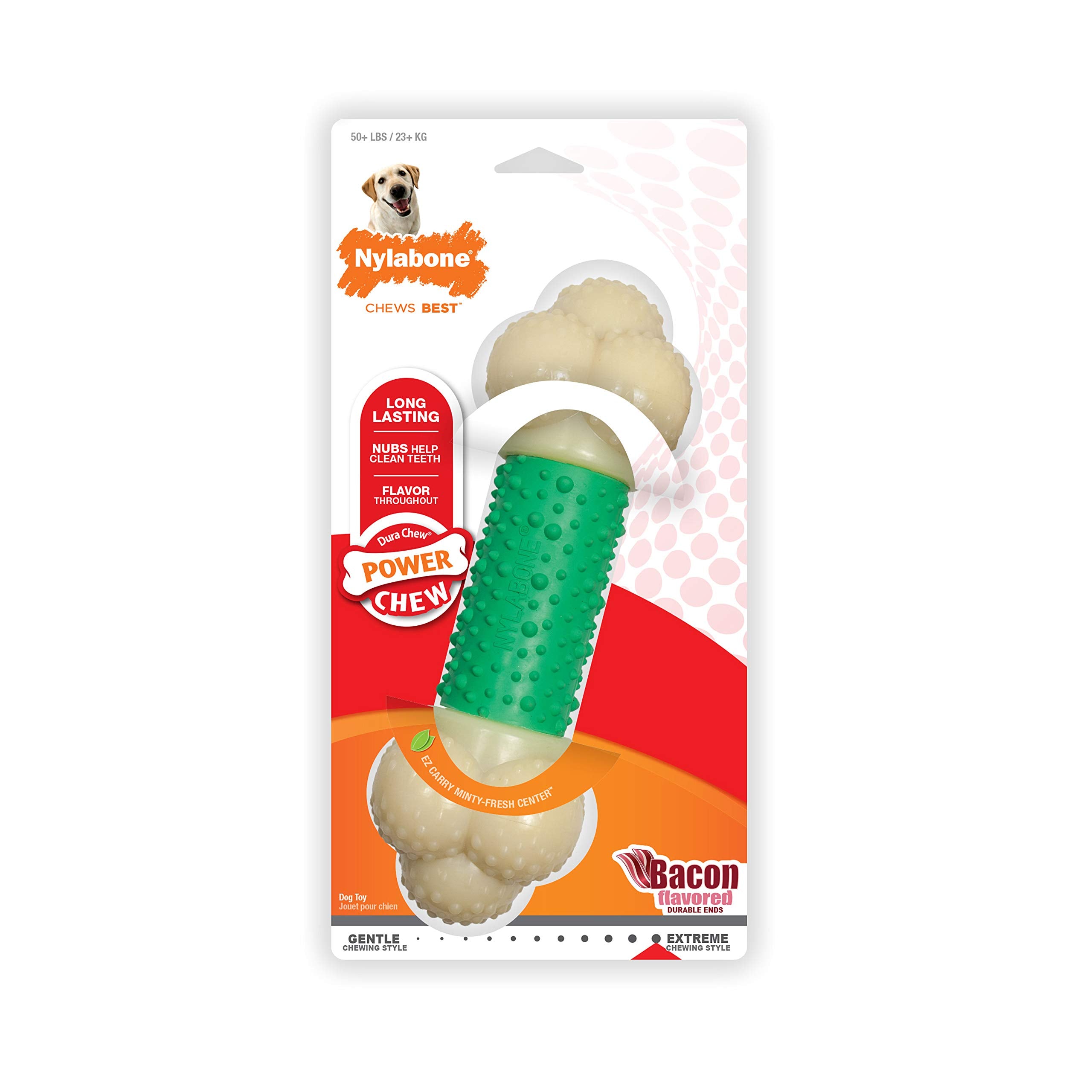 Nylabone Power Chew Double Action Barbell Bone Chew Toy, Durable Dog Toy, Bacon Flavor, X-Large/Souper (1 Count)