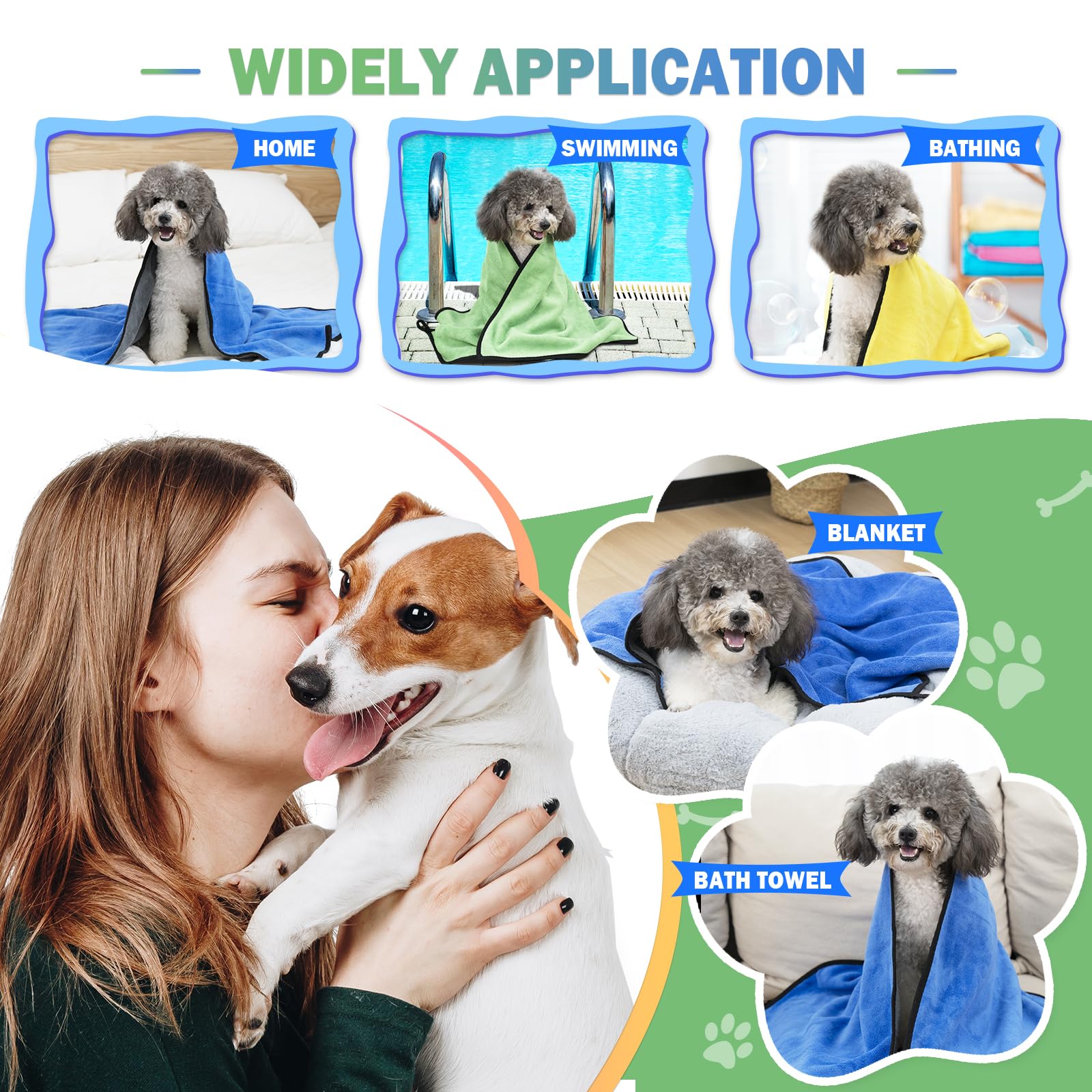 Micooyo 3Pcs Dog Towels For Drying, Super Absorbent Pet Grooming Towels, Quick Drying Dog Bath Towels For Puppy Cats (Green, Blu