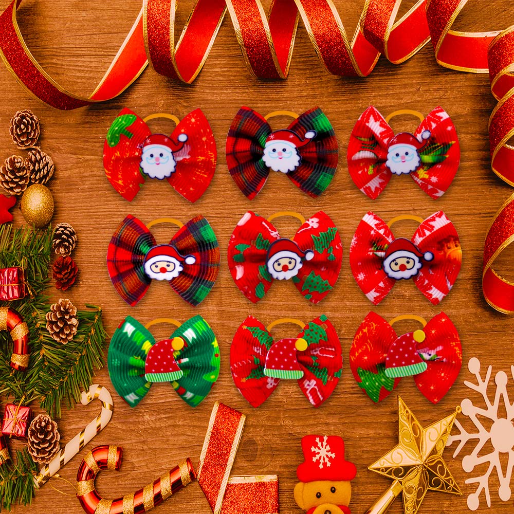 Masue Pets 20Pcs/Pack Dog Hair Bows For Christmas With Rubber Bands Dog Bows Bowknot Snowman Snowflakes Christmas Dog Bows Snowman Dog Topknot Bows Pet Grooming Products