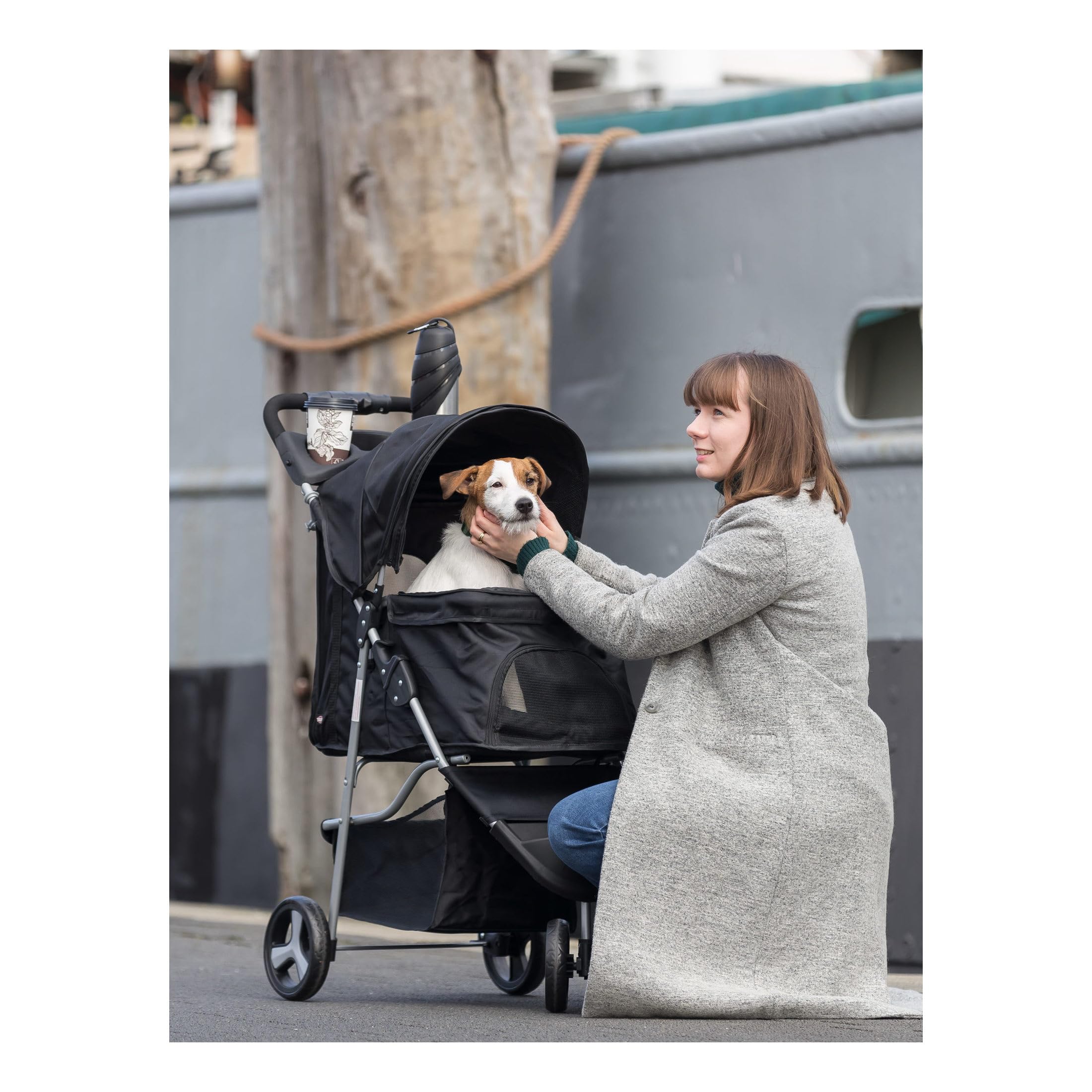 Trixie Foldable Pet Stroller For Cats And Dogs, Pet Carrier Strolling Cart With Weather Cover, Storage Basket, Cup Holder, Black