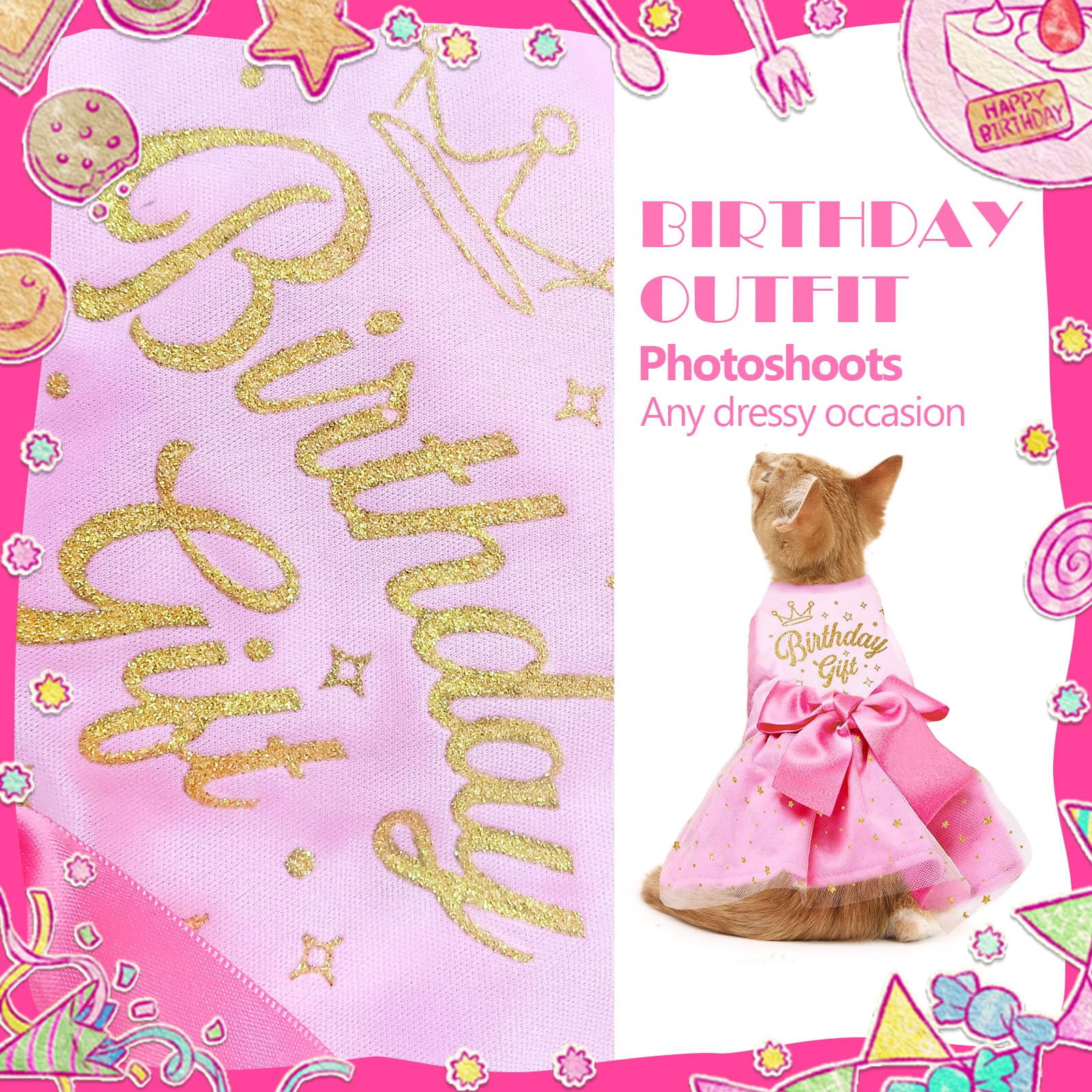 Birthday Dog Dress, Princess Dog Dress Tulle Puppy Skirt Doggie Birthday Outfit Pink Clothes For Small Dogs, Cat Pet Apparel (Me