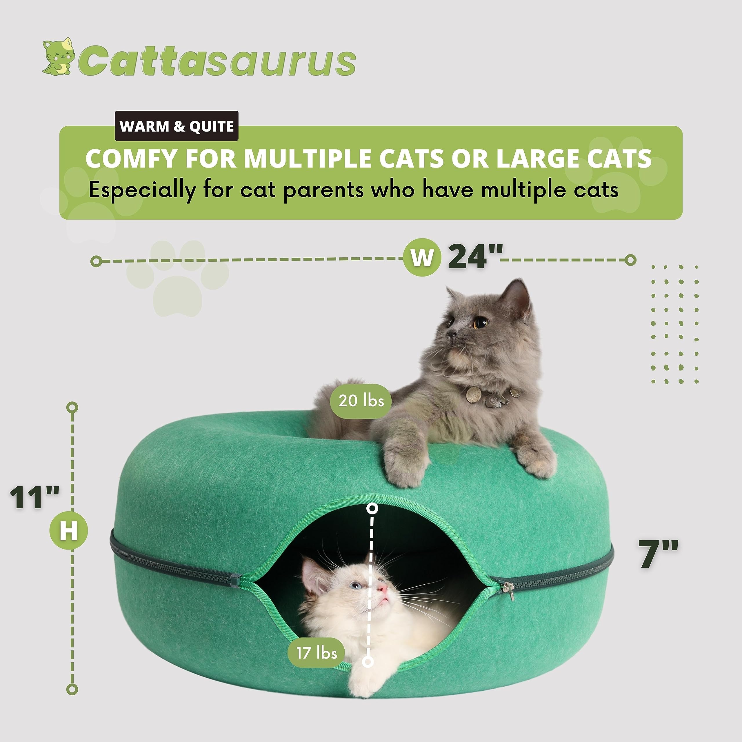 Cattasaurus Large Cat Cave - Scratch-Resistant Felt Tunnel Bed, Forest Green, Model PAB1701, Comfy for Cats Up to 45 Lbs