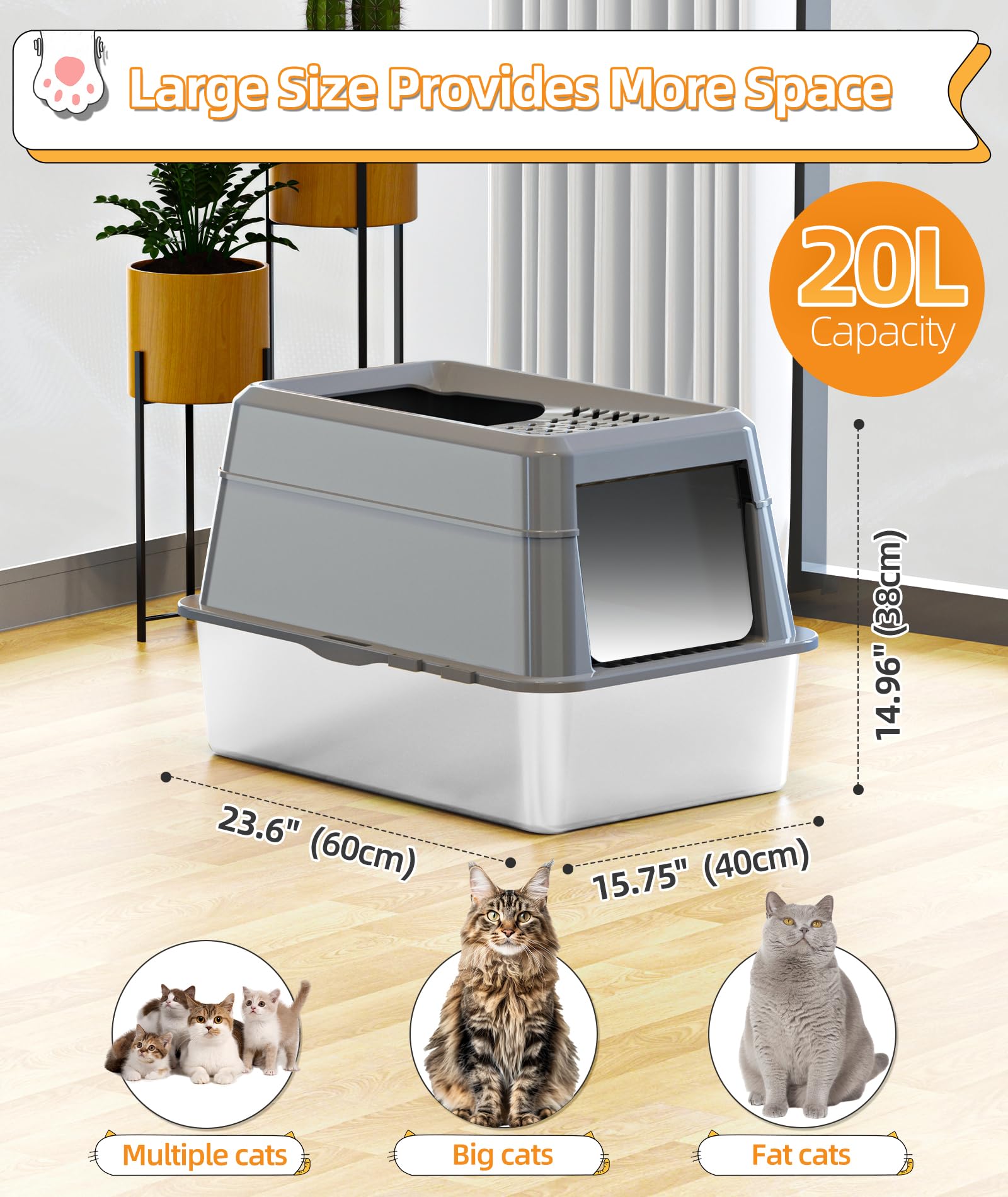 Epn Stainless Steel Cat Litter Box With Lip, Xxl Extra Large Enclosed Removable Metal Litter Box For Big Cats, High Sided Enclos