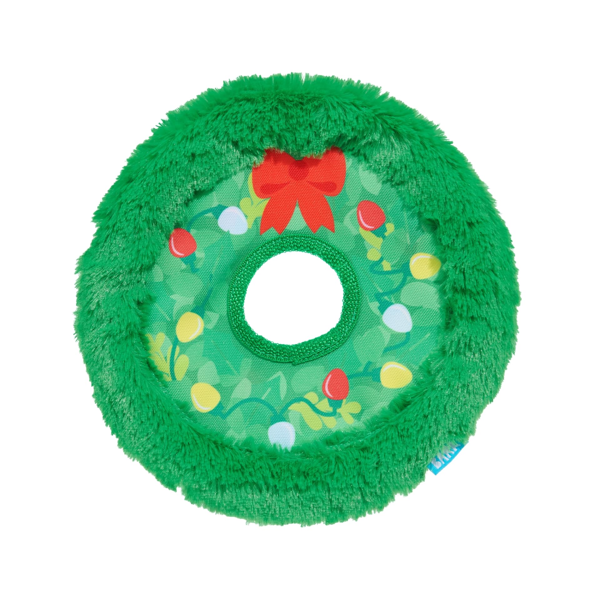 Barkbox Get Lit Wreath Dog Toy - Holiday Fetch & Fling Disc with T-Shirt Rope, Crazy Crinkle & Long Plush Hair - Durable Holiday
