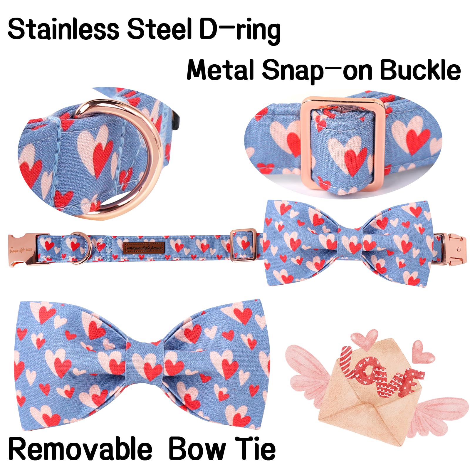 Unique Style Paws Valentine'S Dog Collar With Bow Tie Red Blue Pink Heart Love Puppy Collar Style For Small Medium Large Boys Gi