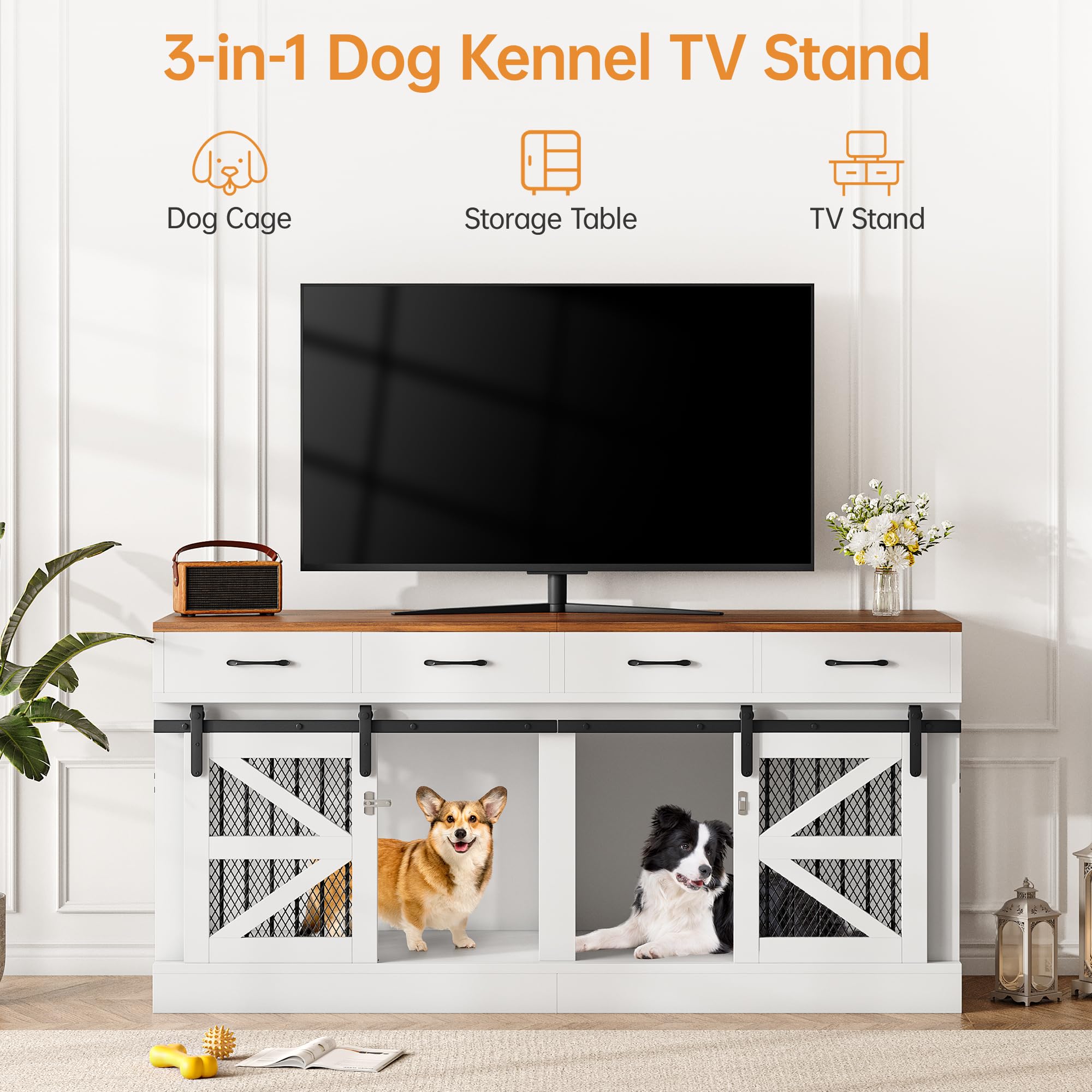 OtterOasis Extra Large Wooden Dog Crate for 2 Dogs, 71'' Indoor Kennel with Removable Divider & 4 Storage Drawers, Model HKJJ-CWSGL