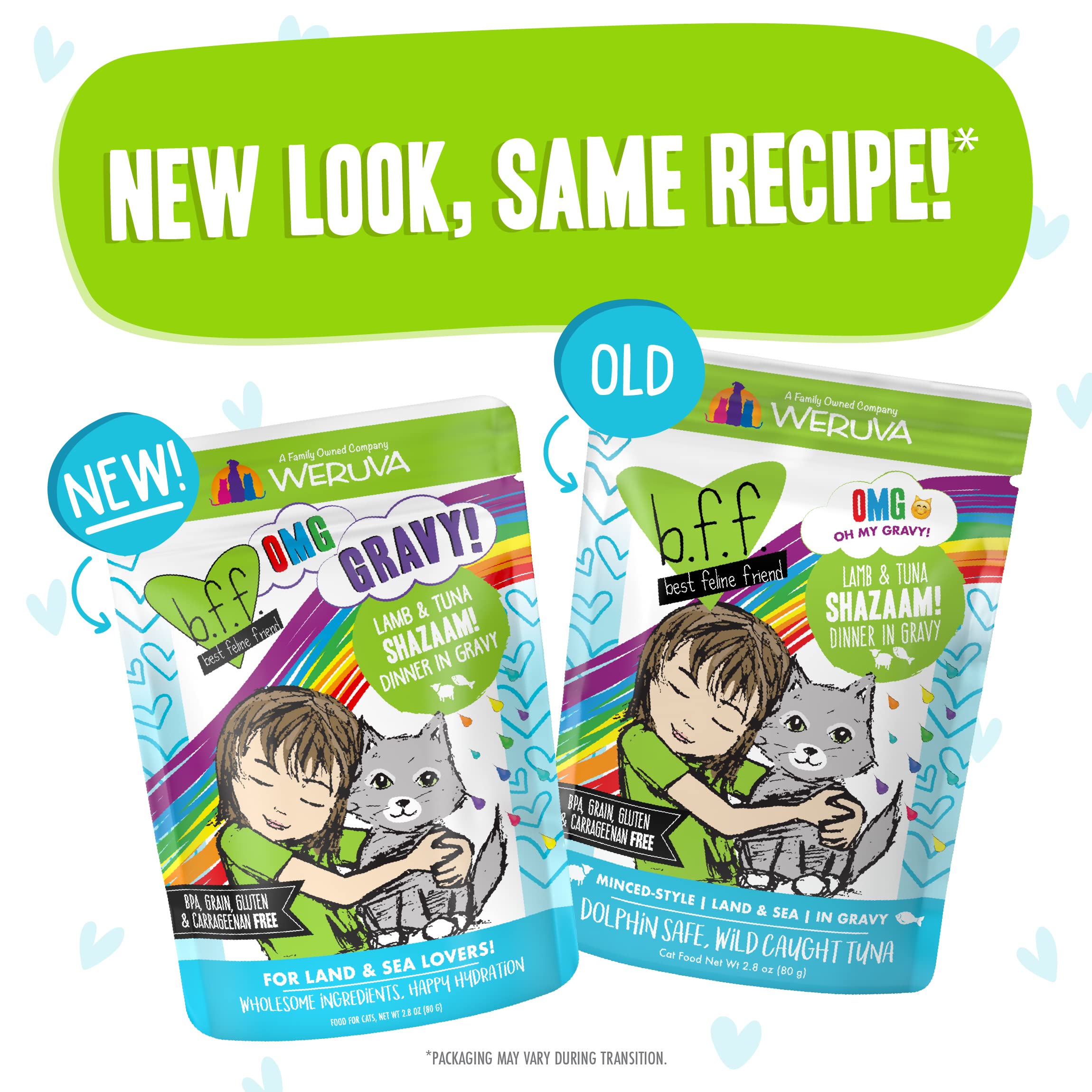 Weruva B.F.F. OMG - Best Feline Friend Oh My Gravy!, Shazaam! with Lamb & Tuna in Gravy Cat Food, 2.8oz Pouch (Pack of 12)