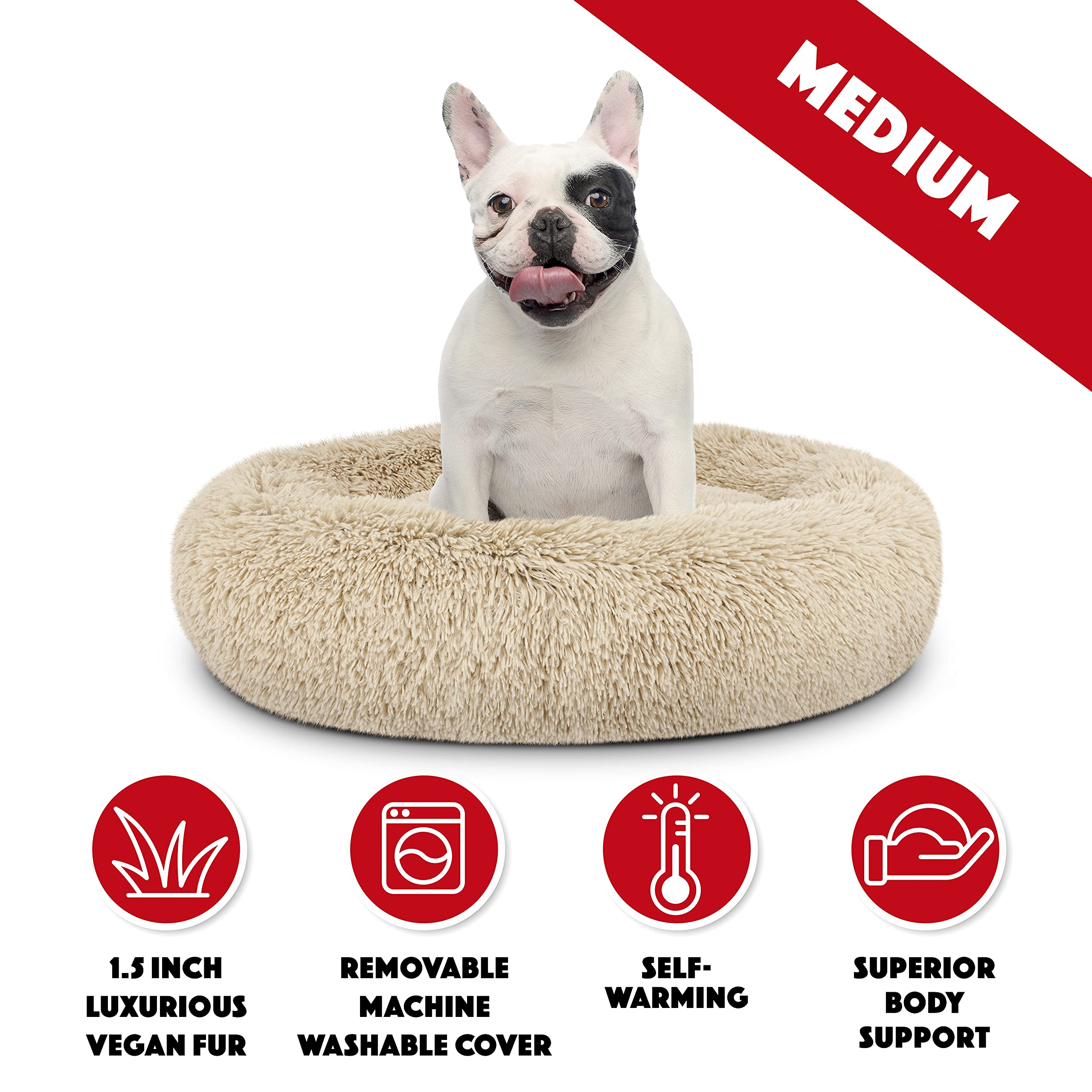 The Dogs Bed Sound Sleep Donut Dog Bed, Med Dog Beige Fur Calming Nest Bed, Veterinary Approved